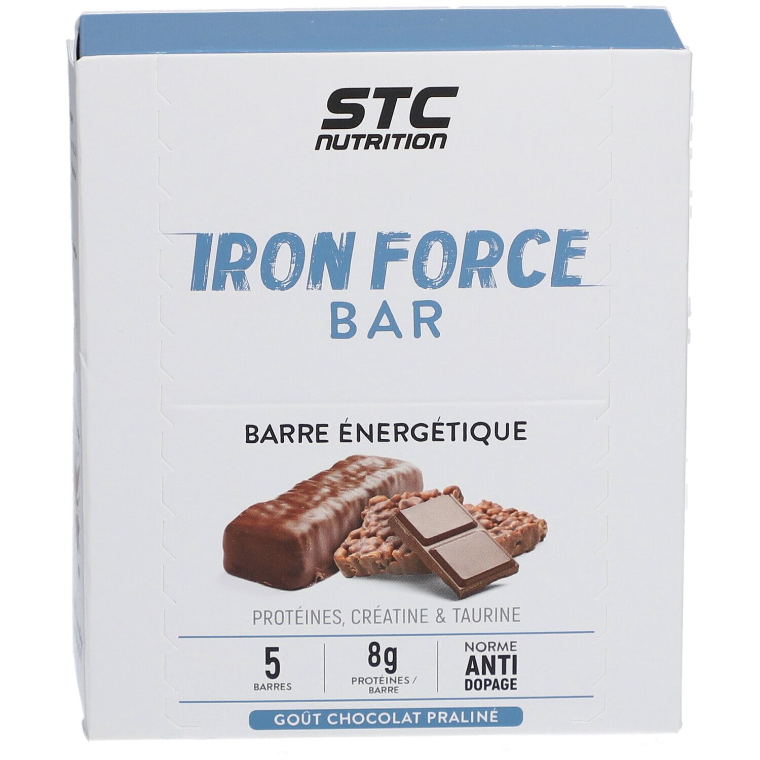 Boîte de STC Nutrition Iron Force Bar. 5 barres, goût chocolat praliné. Contient protéines, créatine, taurine et BCAA.