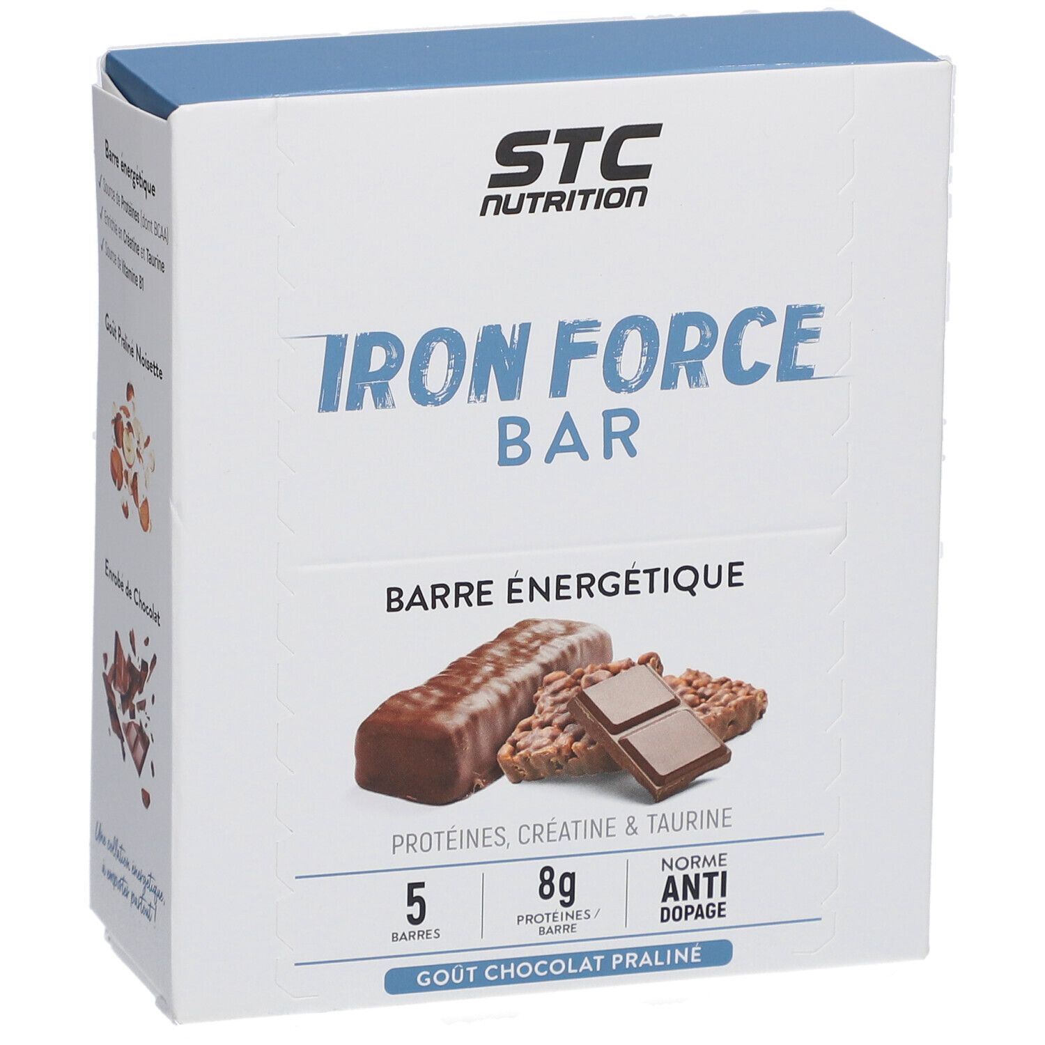 Boîte de STC Nutrition Iron Force Bar. 5 barres, goût chocolat praliné. Contient protéines, créatine, taurine et BCAA.
