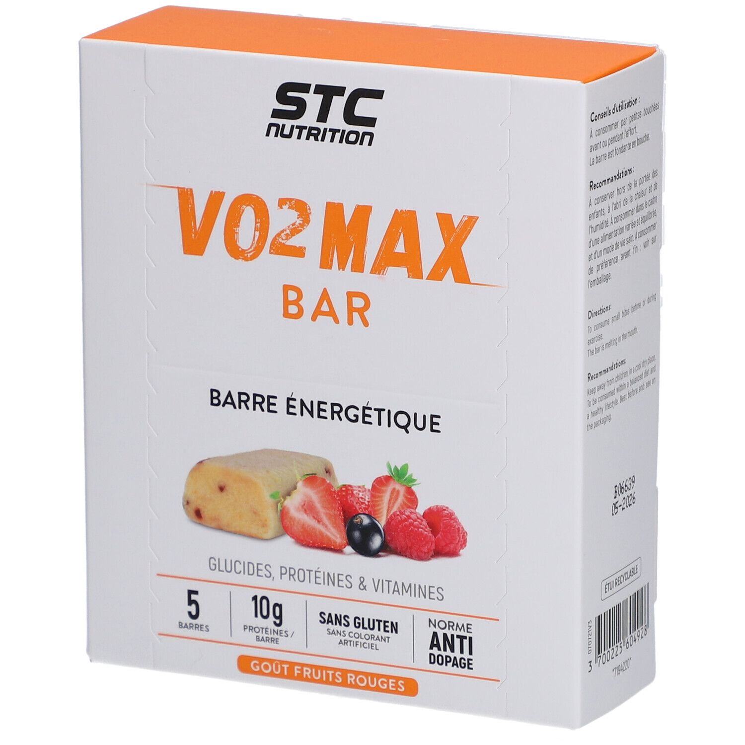 Boîte STC Nutrition Vo2 Max Bar. Inscription: Vo2 Max Bar, Barre Energétique, 5 barres, 10g protéines, sans gluten, anti-dopage, goût fruits rouges.
