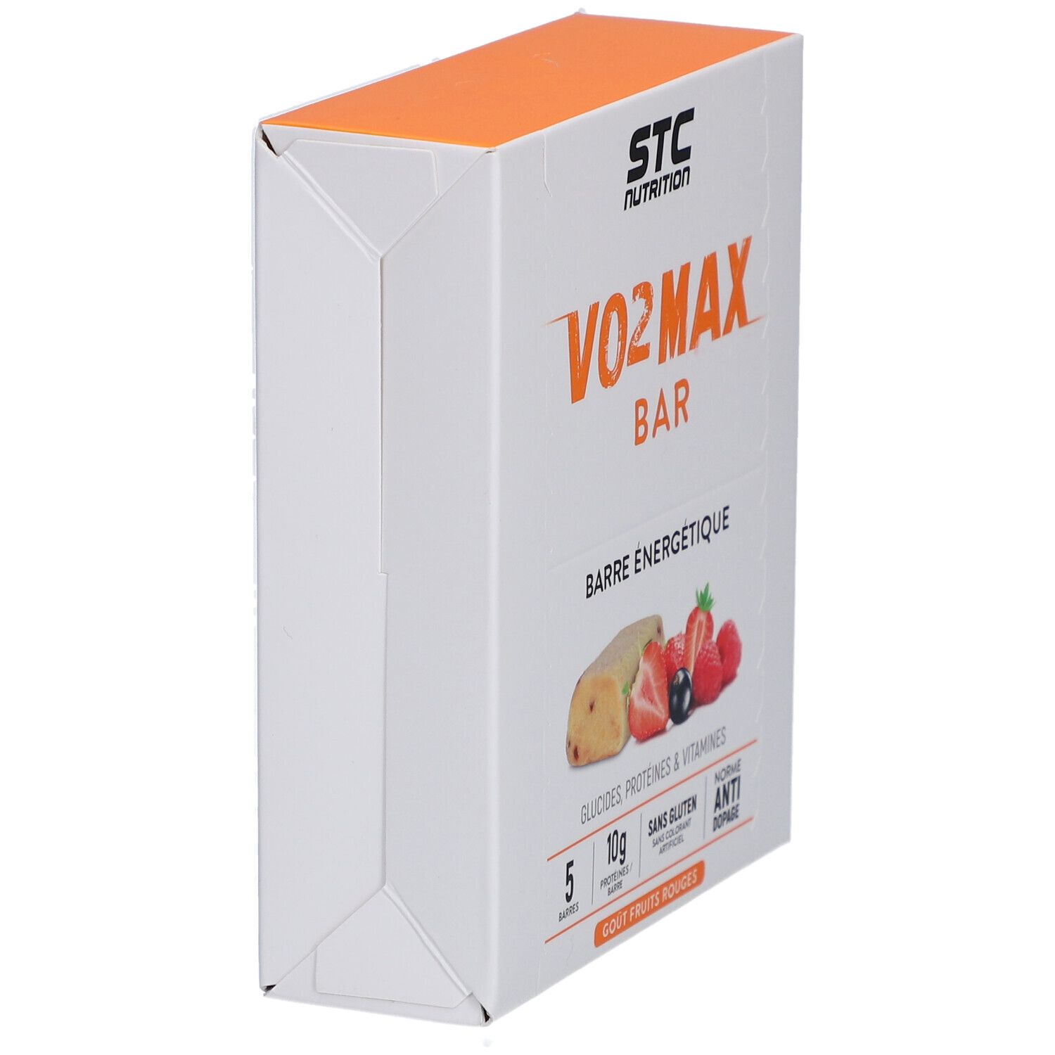 Boîte STC Nutrition Vo2 Max Bar. Inscription: Vo2 Max Bar, Barre Energétique, 5 barres, 10g protéines, sans gluten, anti-dopage, goût fruits rouges.