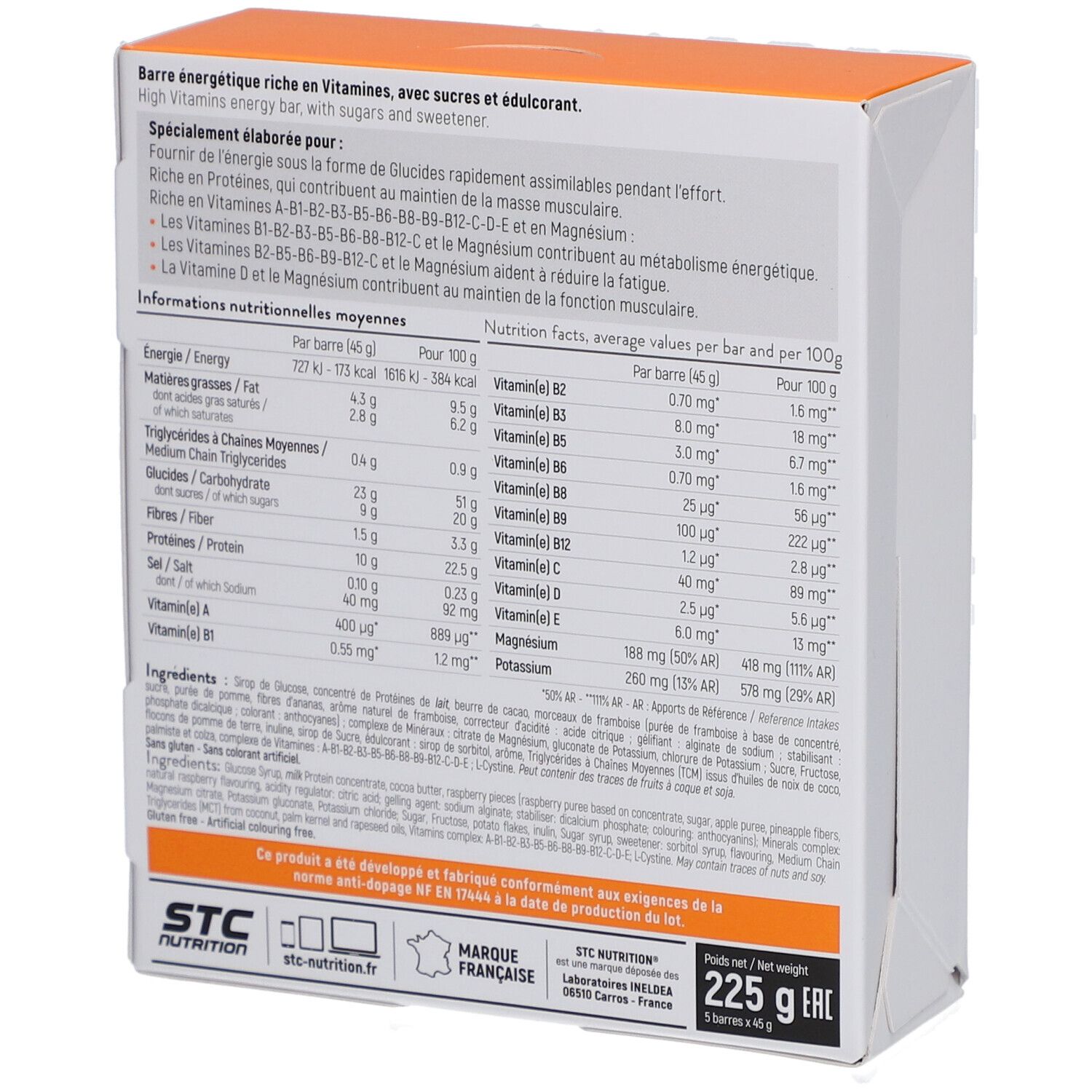 Dos de la boîte STC Nutrition Vo2 Max Bar. Contient informations nutritionnelles, liste des ingrédients, conseils d'utilisation et informations fabricant.