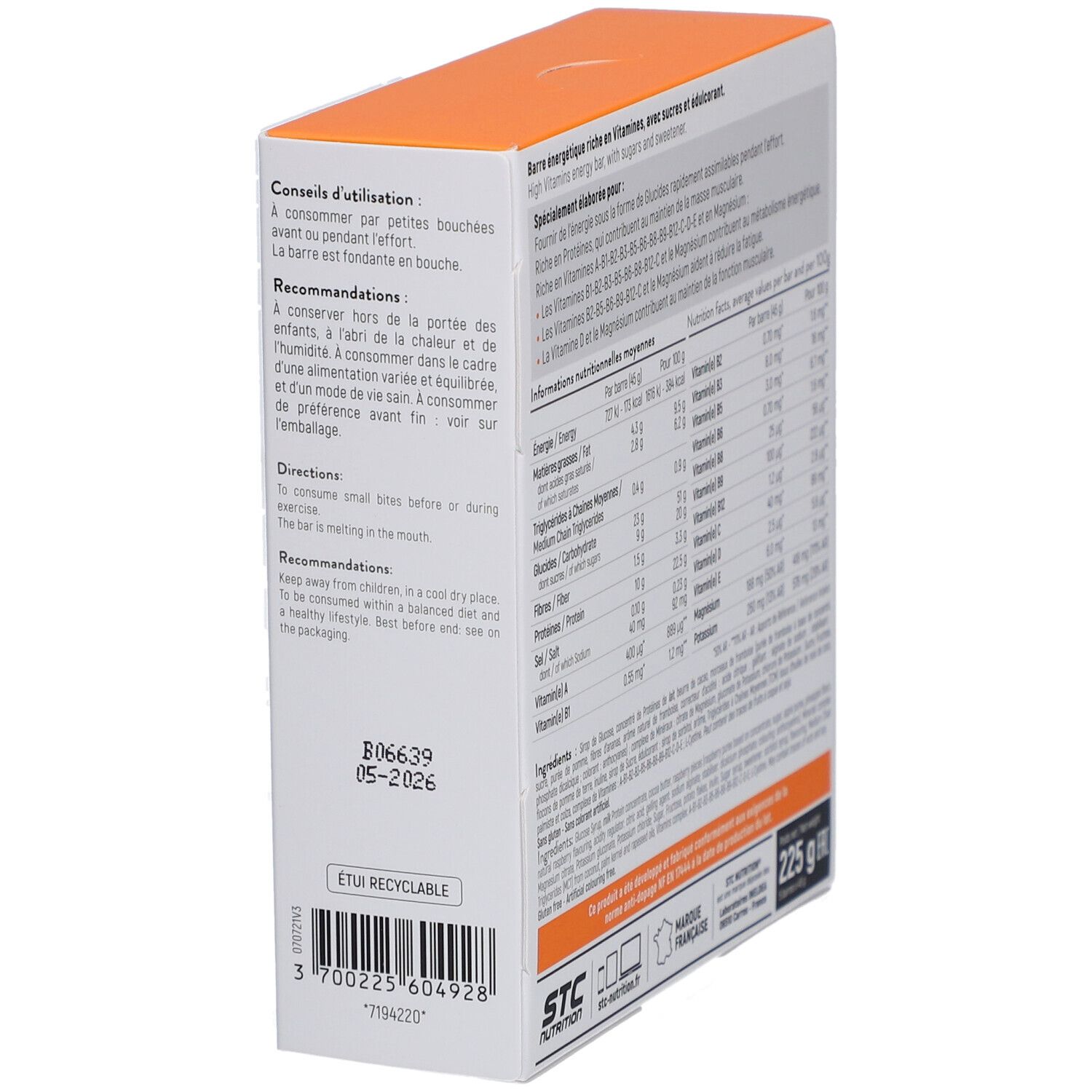 Vue latérale de la boîte STC Nutrition Vo2 Max Bar. Contient conseils d'utilisation et informations fabricant.