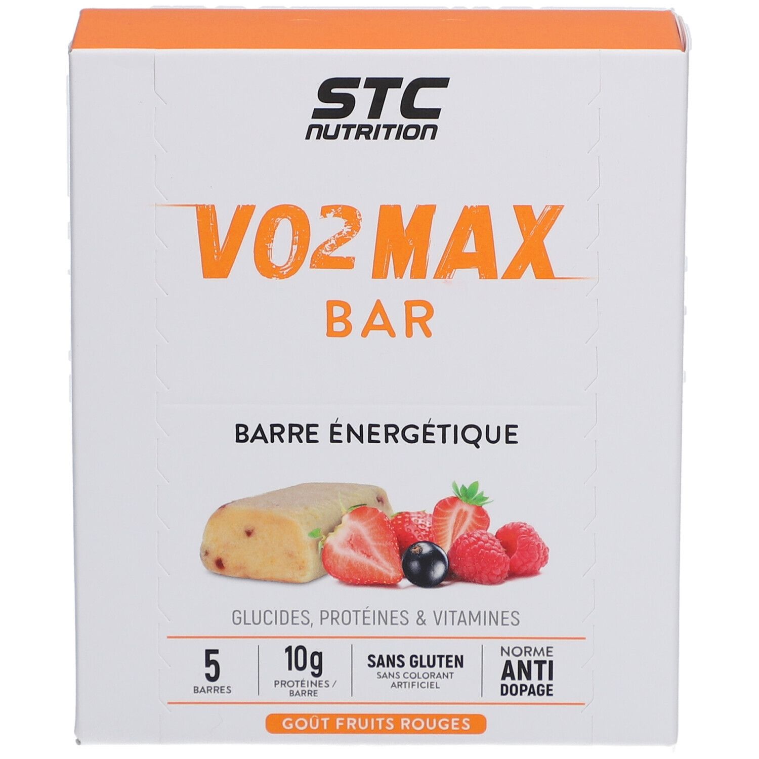 Boîte STC Nutrition Vo2 Max Bar. Inscription: Vo2 Max Bar, Barre Energétique, 5 barres, 10g protéines, sans gluten, anti-dopage, goût fruits rouges.