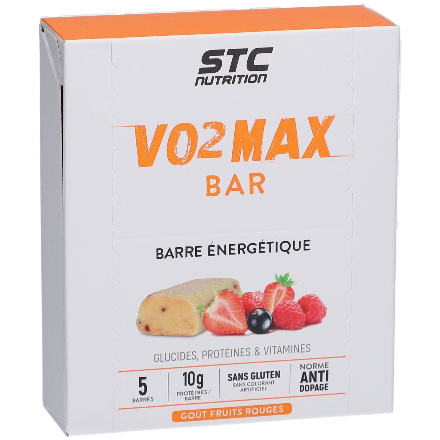 Boîte STC Nutrition Vo2 Max Bar. Inscription: Vo2 Max Bar, Barre Energétique, 5 barres, 10g protéines, sans gluten, anti-dopage, goût fruits rouges.