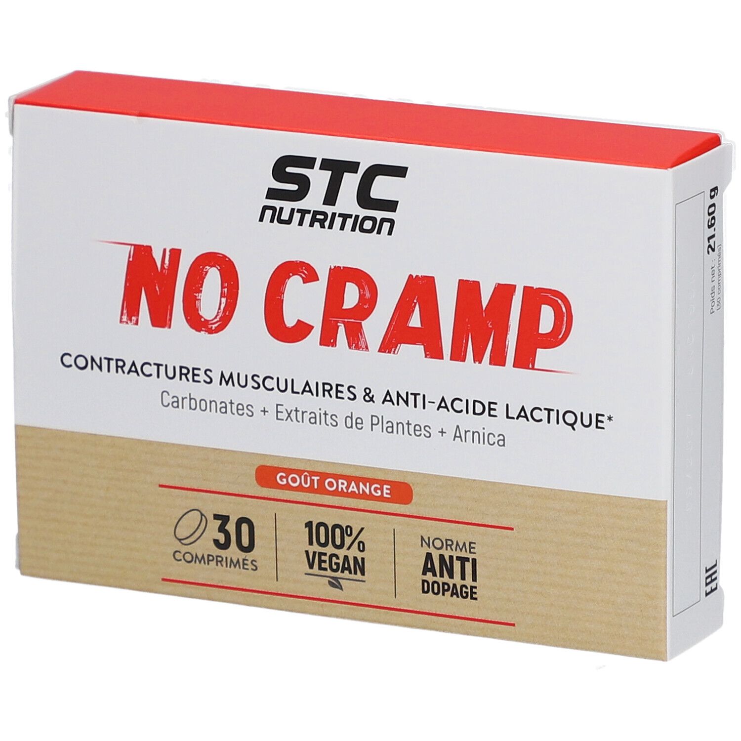 Boîte STC Nutrition No Cramp. Contient 30 comprimés, 100% vegan, norme anti-dopage. Goût orange.