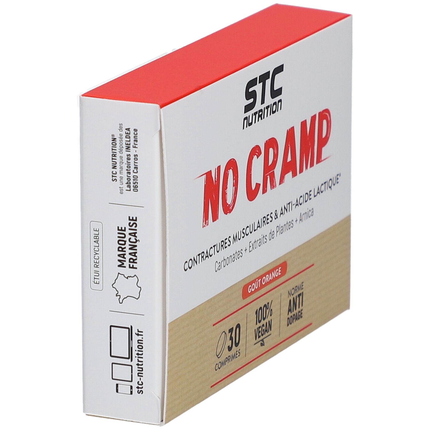 Boîte STC Nutrition No Cramp. Contient 30 comprimés, 100% vegan, norme anti-dopage. Goût orange.