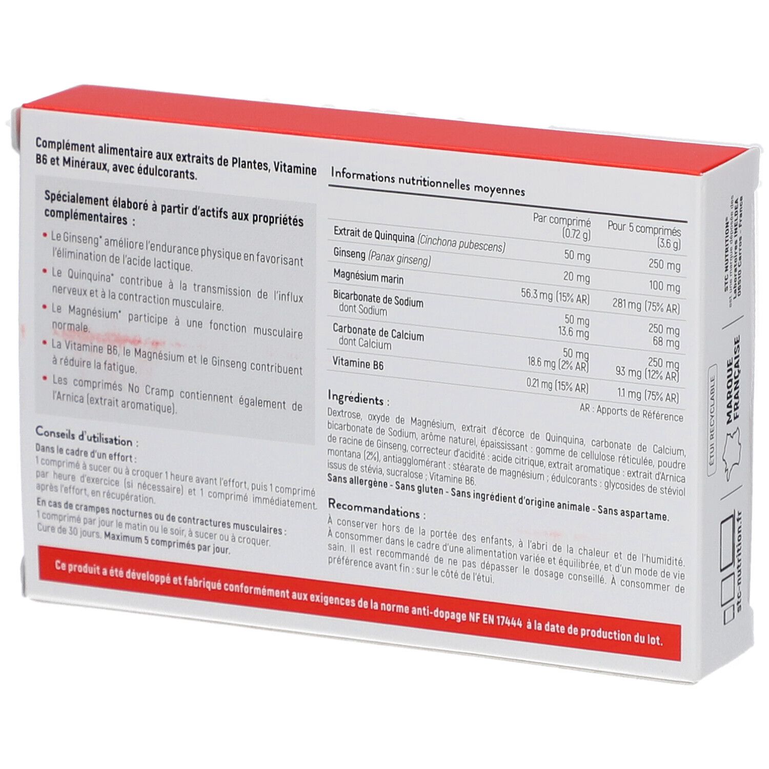 Dos de la boîte STC Nutrition No Cramp. Contient ingrédients et informations nutritionnelles.