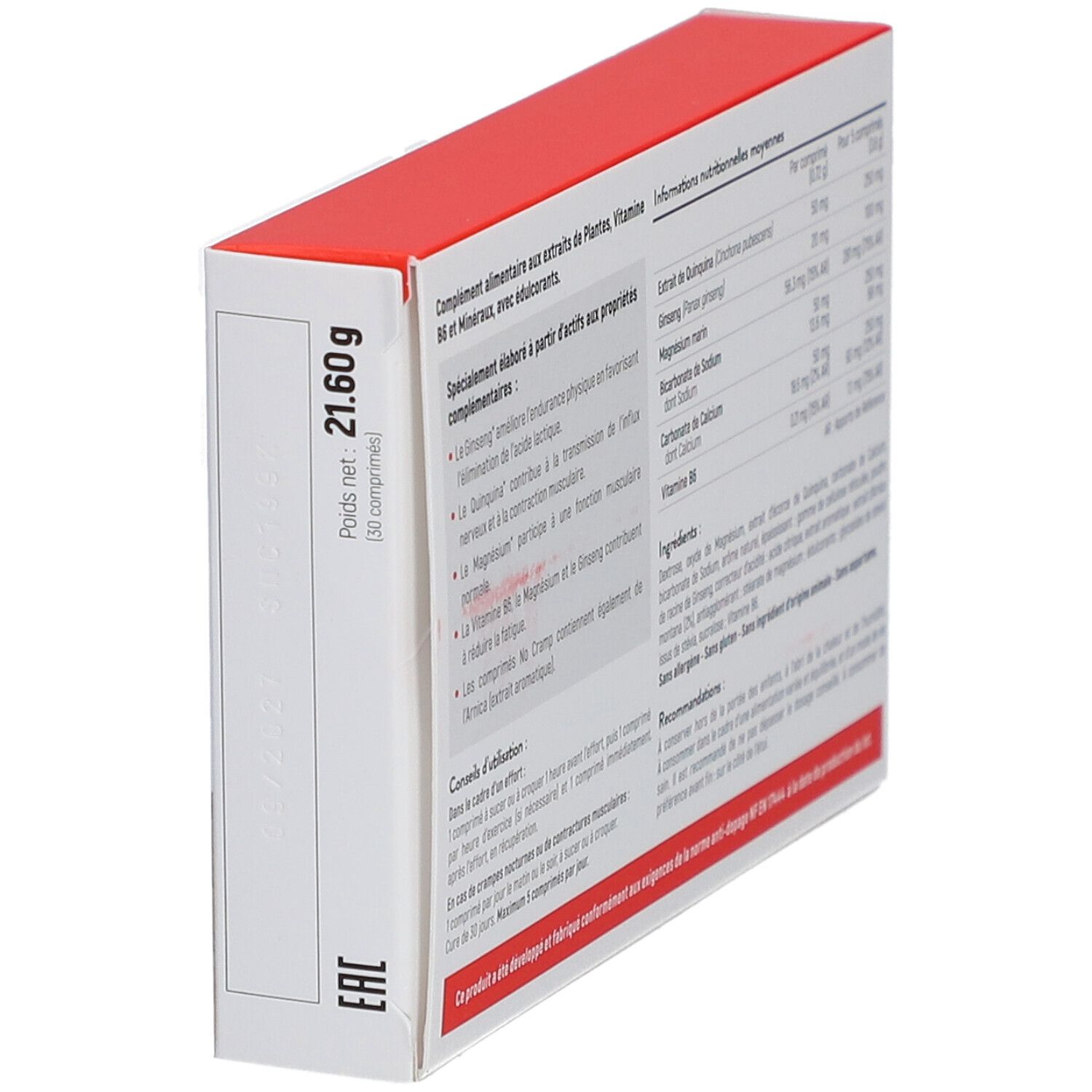 Vue latérale de la boîte STC Nutrition No Cramp. Contient informations poids et ingrédients.