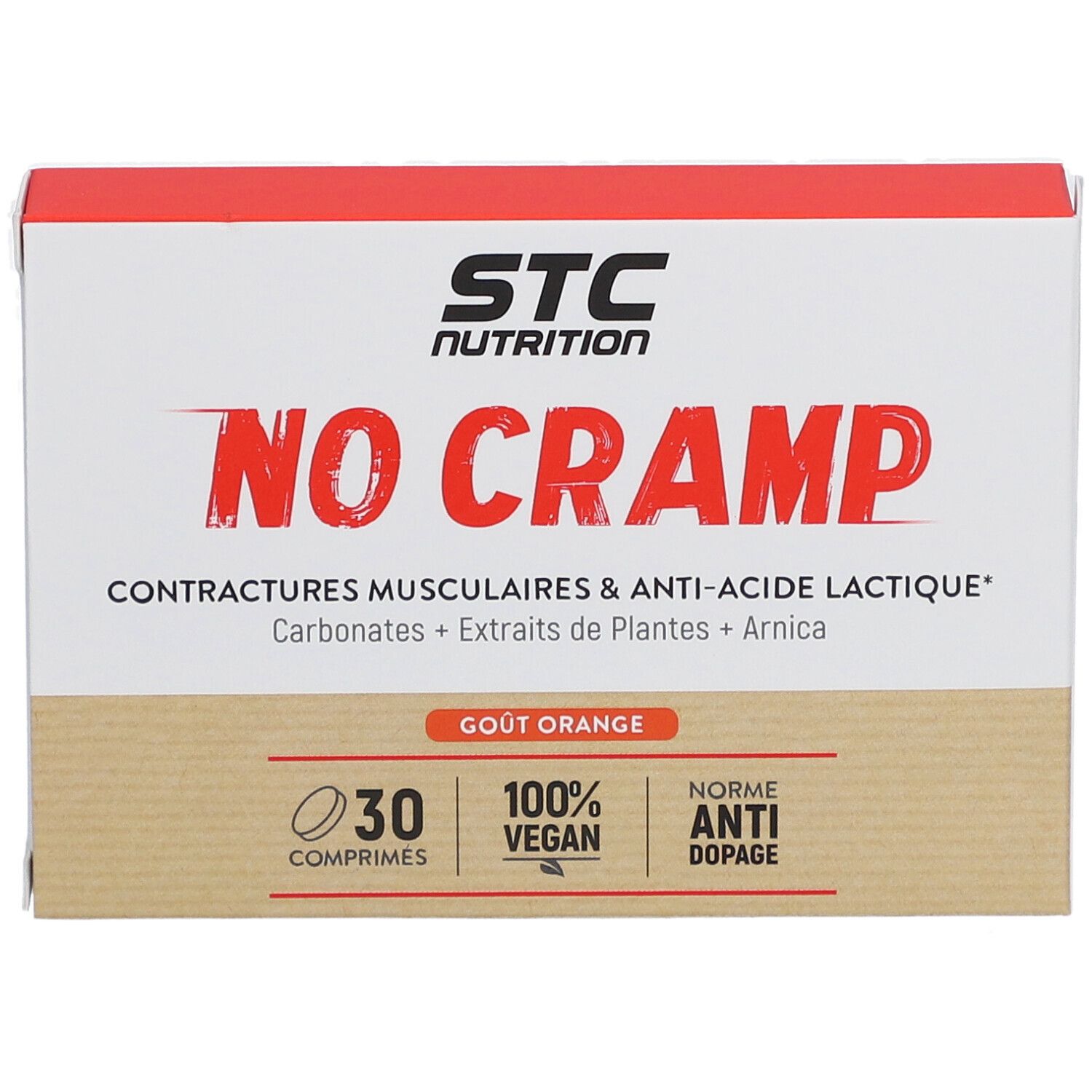 Boîte STC Nutrition No Cramp. Contient 30 comprimés, 100% vegan, norme anti-dopage. Goût orange.
