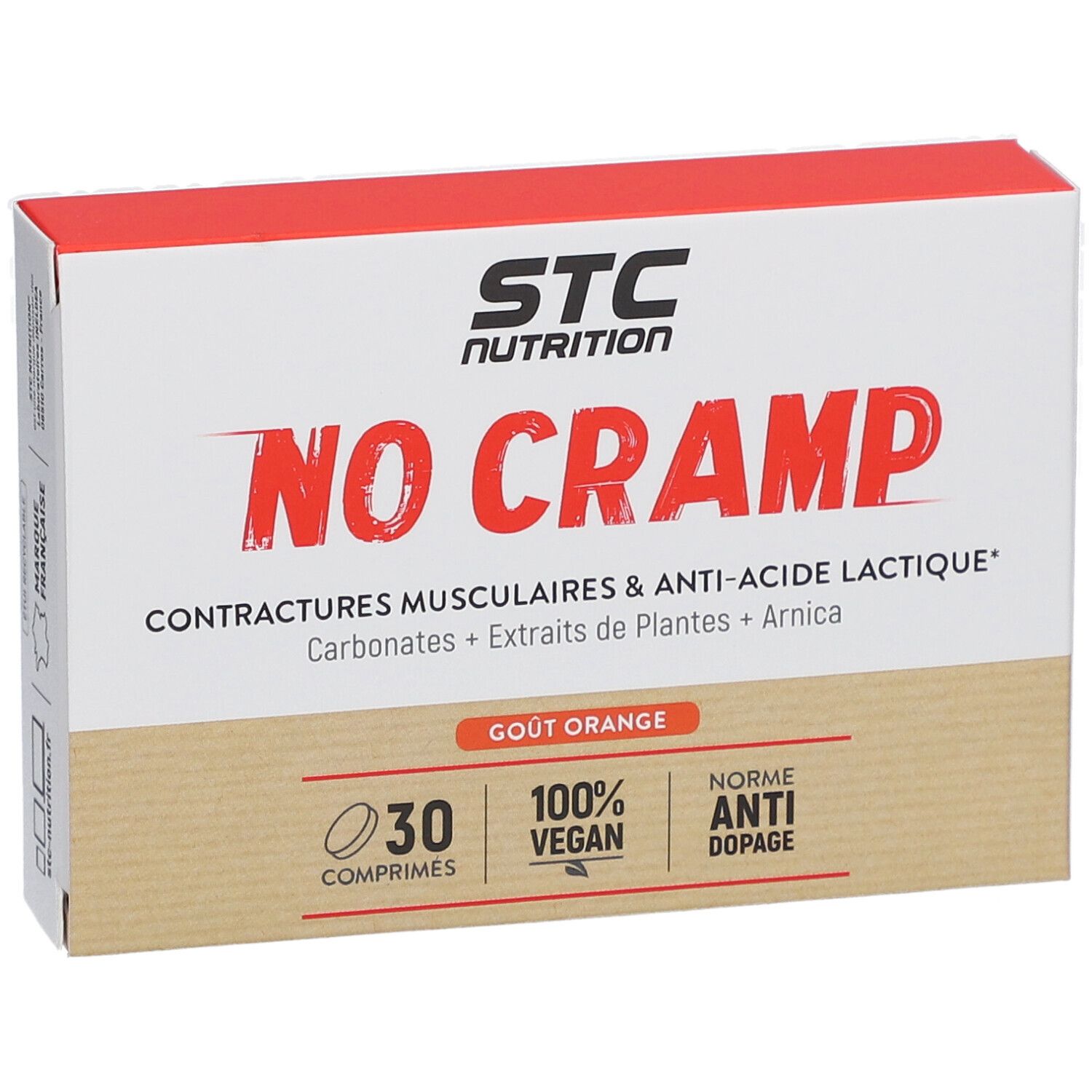 Boîte STC Nutrition No Cramp. Contient 30 comprimés, 100% vegan, norme anti-dopage. Goût orange.