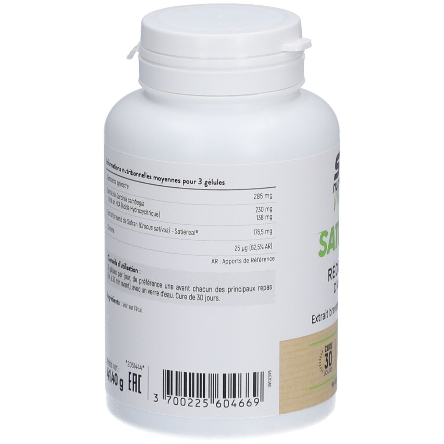 Dos du flacon blanc de gélules. Informations nutritionnelles et ingrédients imprimés.