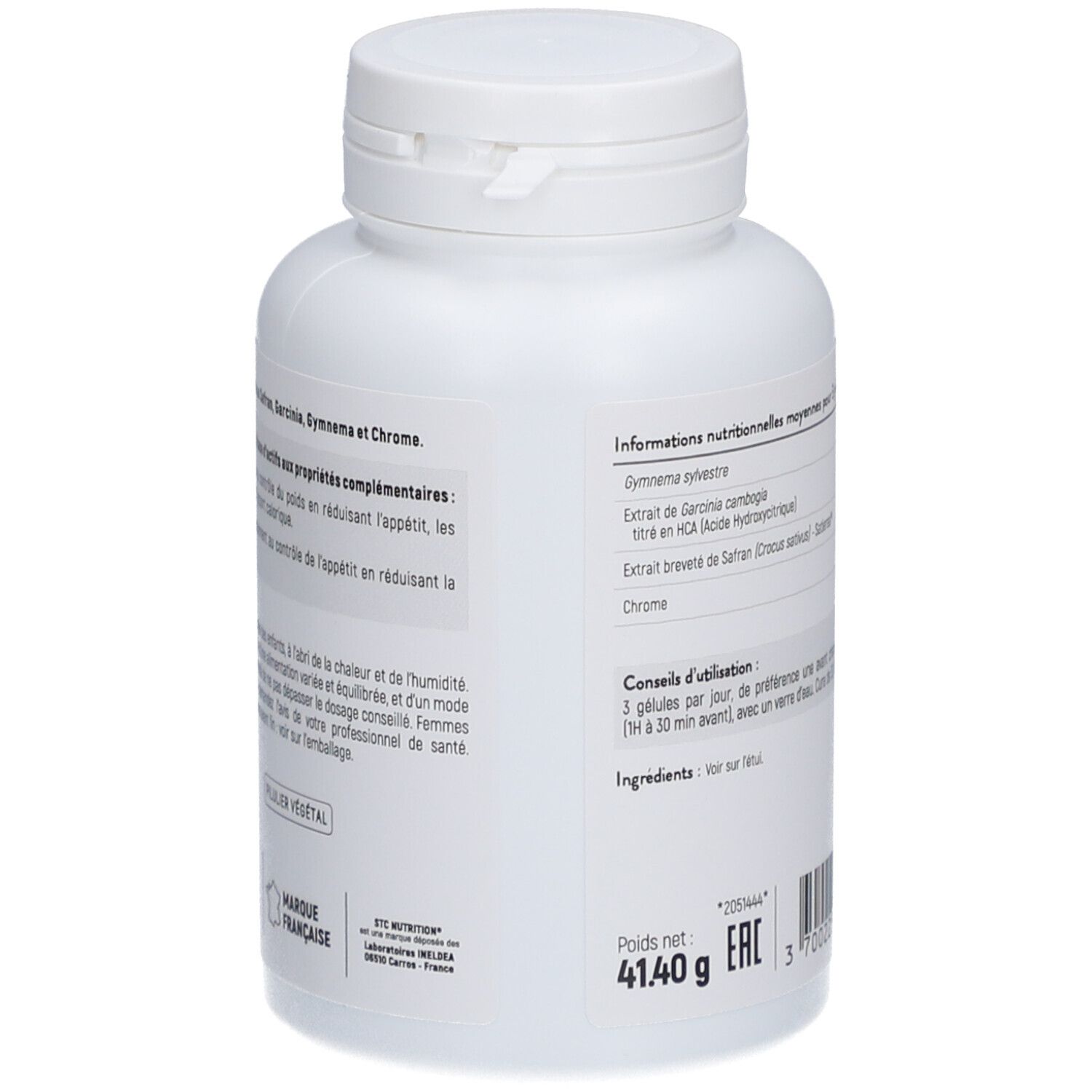 Dos du flacon blanc de gélules. Informations sur ingrédients et utilisation imprimées.