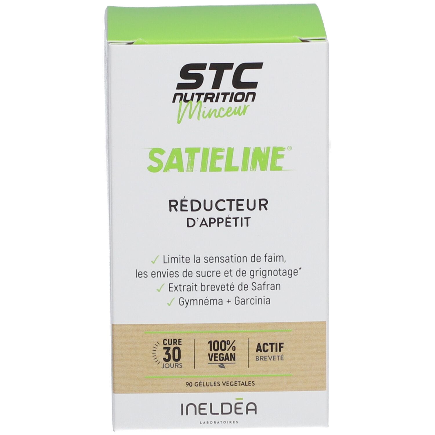 Boîte verte de gélules. Inscription: Satieline, Réducteur d'appétit. STC Nutrition.