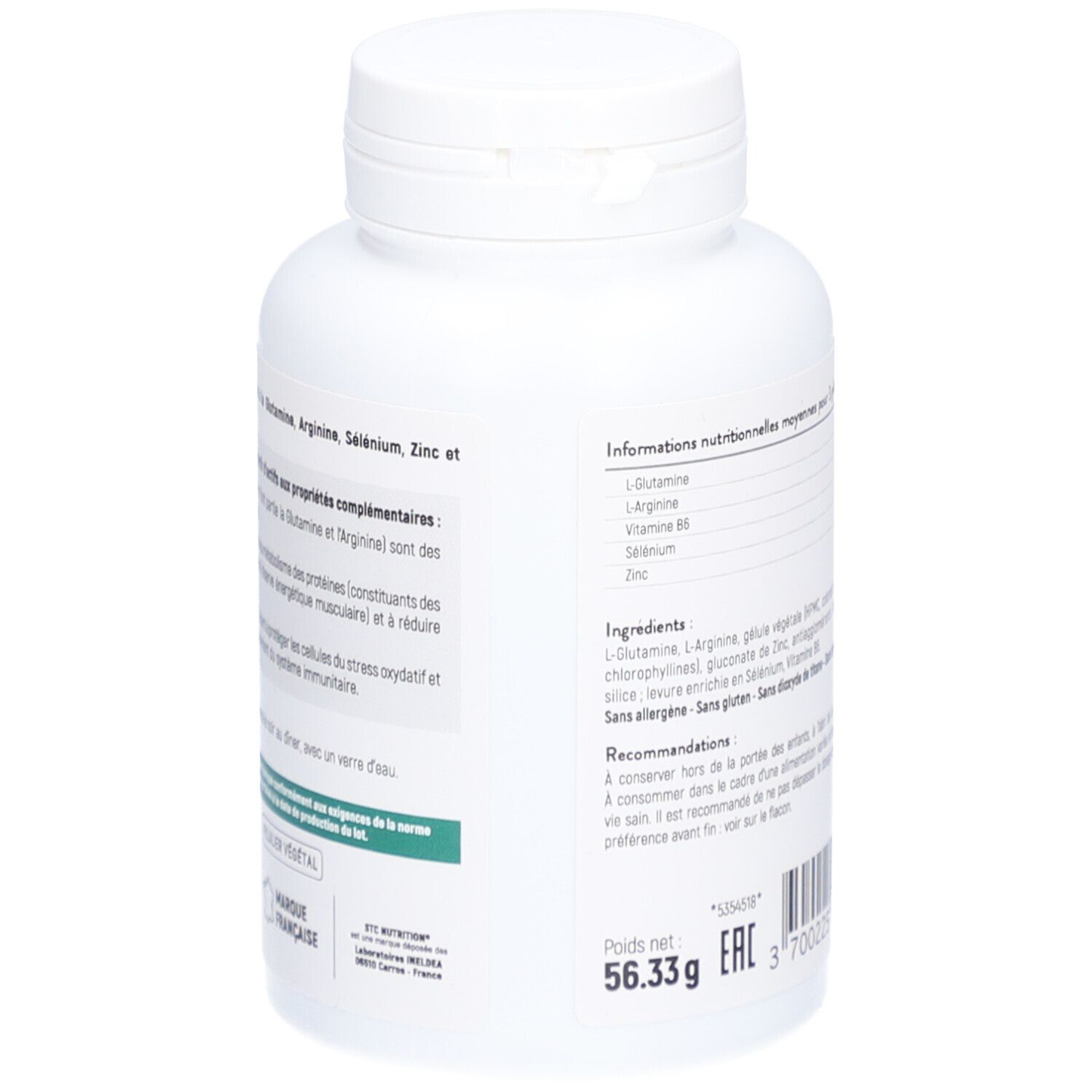 Dos du flacon blanc STC Nutrition Glutamine 1200. Informations nutritionnelles et ingrédients.