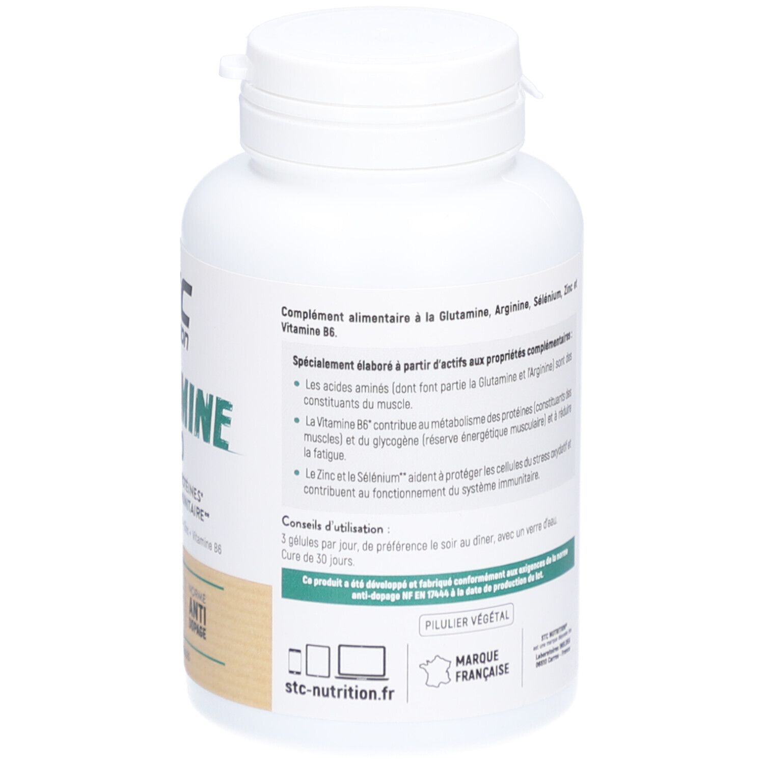 Dos du flacon blanc STC Nutrition Glutamine 1200. Conseils d'utilisation et ingrédients.