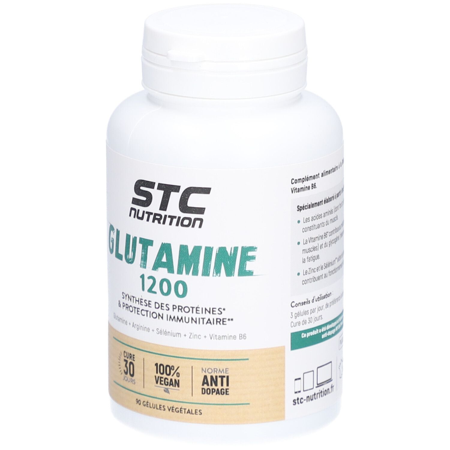 STC Nutrition Glutamine 1200. Flacon blanc de gélules. Vegan, anti-dopage. 90 gélules.