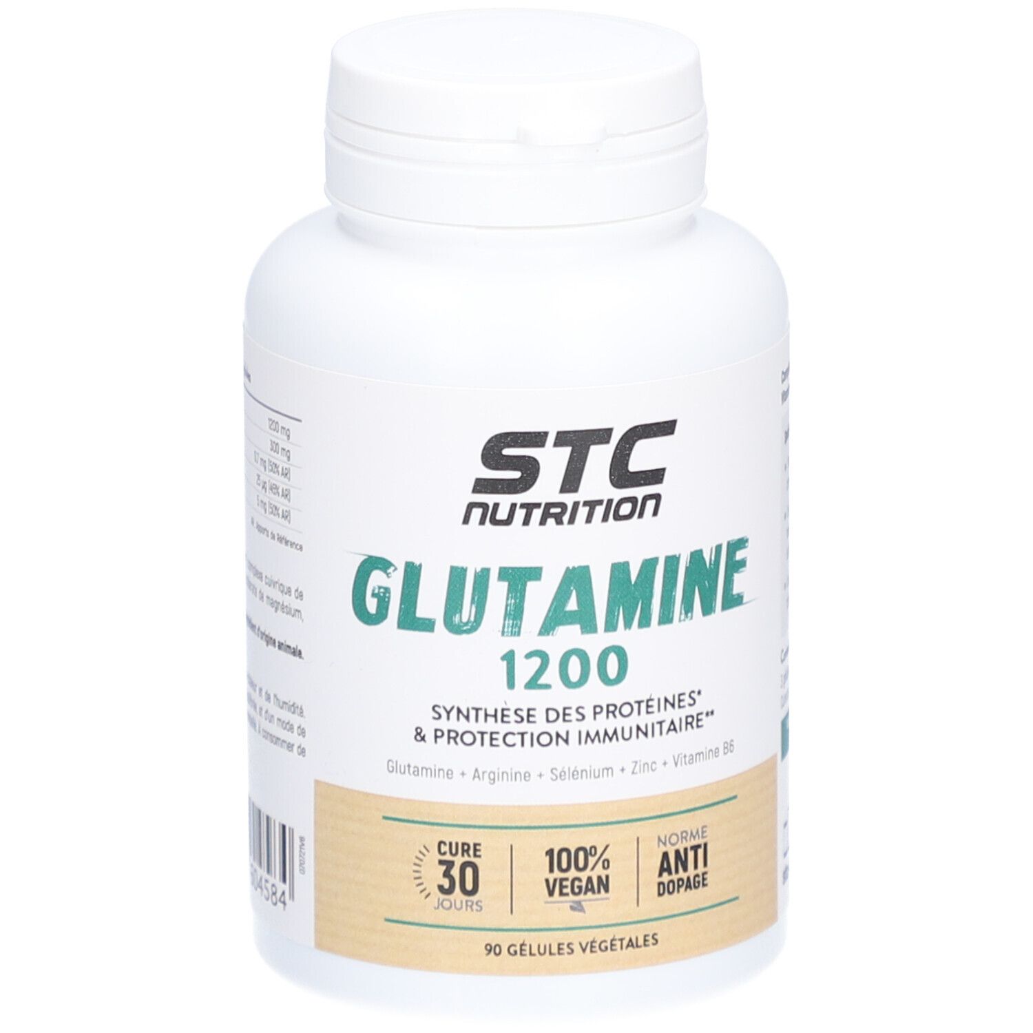 STC Nutrition Glutamine 1200. Flacon blanc de gélules. Vegan, anti-dopage. 90 gélules.