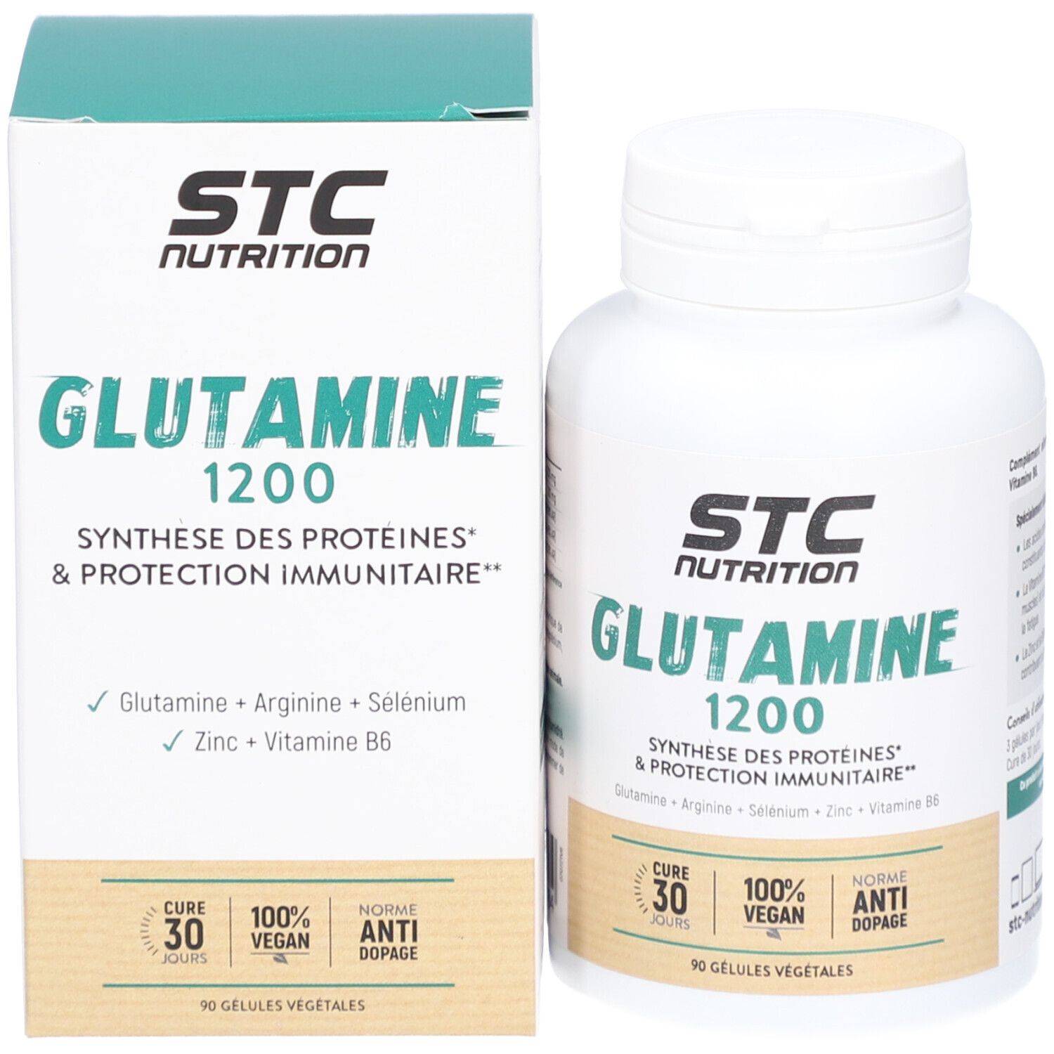 STC Nutrition Glutamine 1200. Flacon et boîte. Contient 90 gélules. Vegan, anti-dopage.