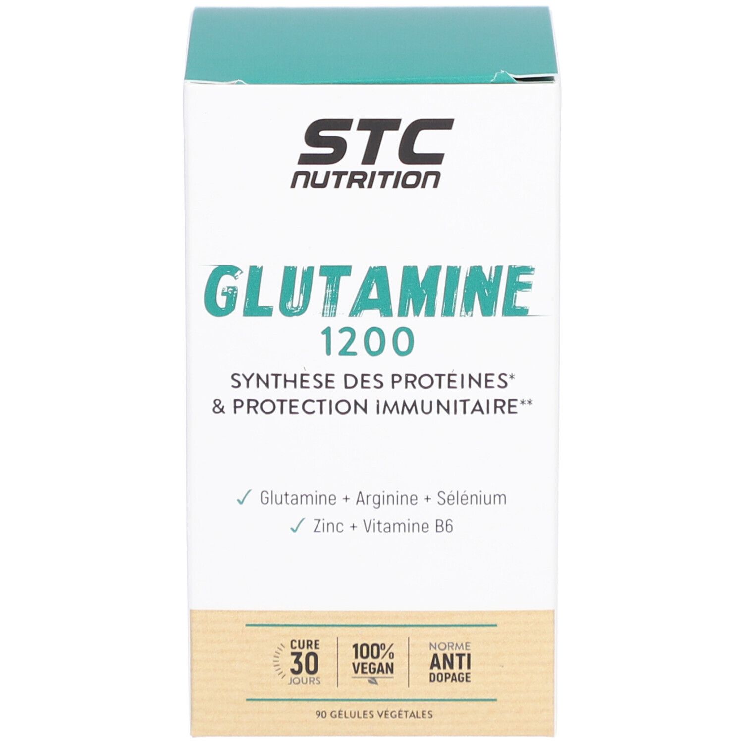 STC Nutrition Glutamine 1200. Boîte. Contient 90 gélules. Vegan, anti-dopage.