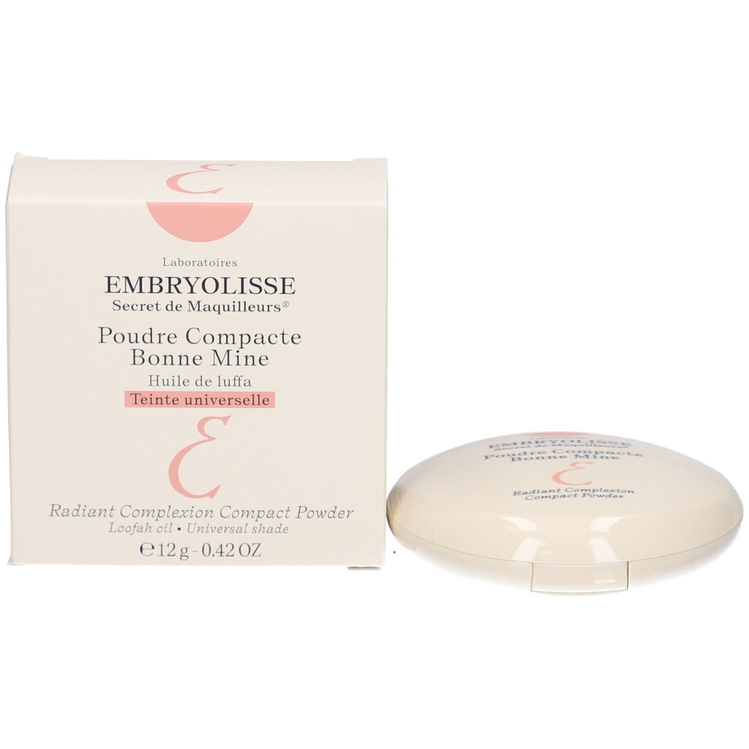 Poudre compacte et emballage. Emballage: blanc, rectangulaire. Inscription: EMBRYOLISSE, Poudre Compacte Bonne Mine.