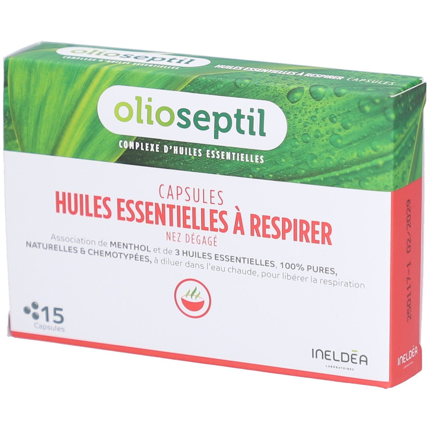 Boîte Olioseptil. Inscription: Capsules Huiles Essentielles à Respirer. 15 capsules. Boîte verte et blanche avec informations produit.
