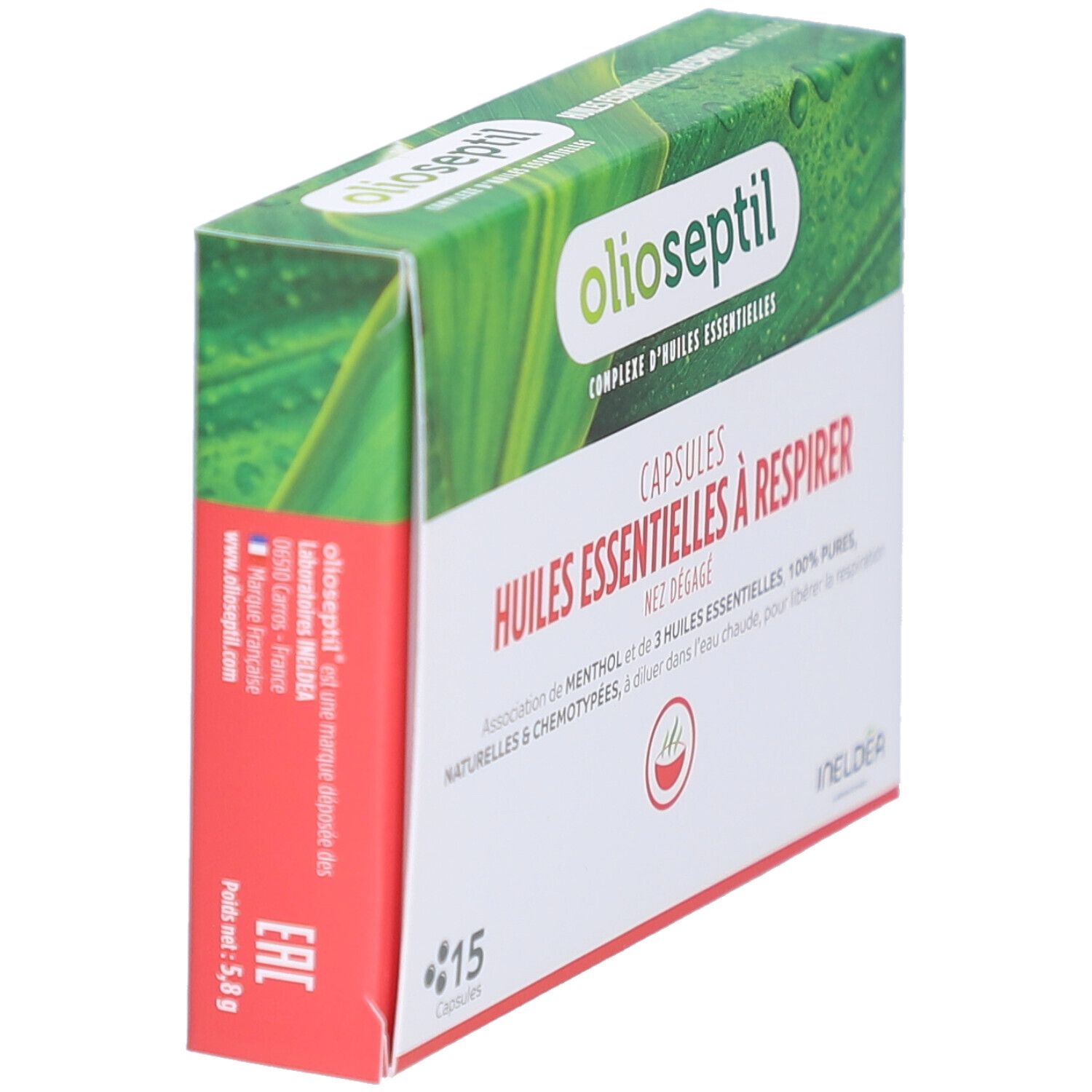 Boîte Olioseptil. Inscription: Capsules Huiles Essentielles à Respirer. 15 capsules. Boîte verte et blanche avec informations produit.