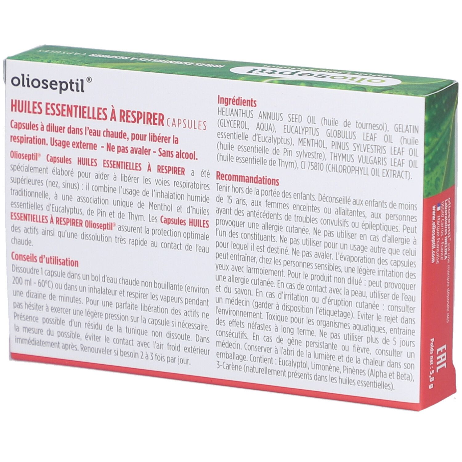 Boîte Olioseptil. Inscription: Capsules Huiles Essentielles à Respirer. 15 capsules. Boîte verte et blanche avec informations produit.
