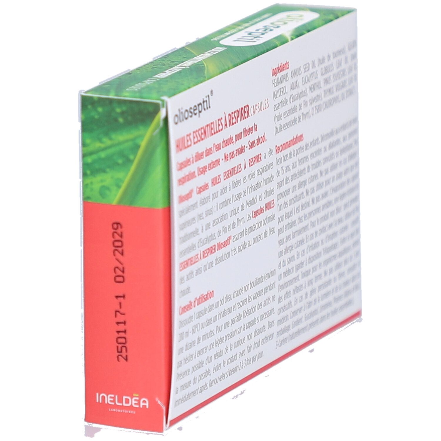 Boîte Olioseptil. Inscription: Capsules Huiles Essentielles à Respirer. 15 capsules. Boîte verte et blanche avec informations produit.