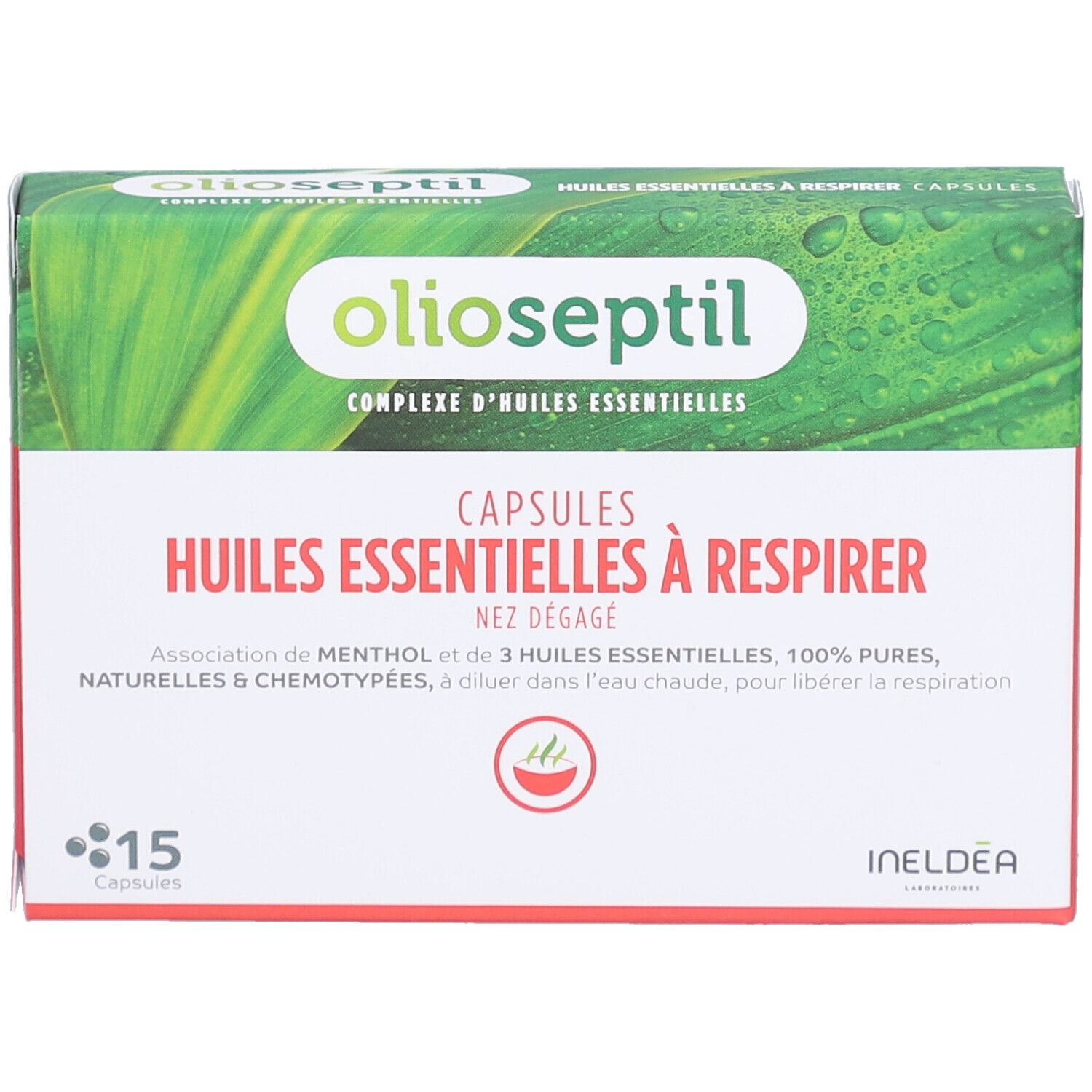 Boîte Olioseptil. Inscription: Capsules Huiles Essentielles à Respirer. 15 capsules. Boîte verte et blanche avec informations produit.