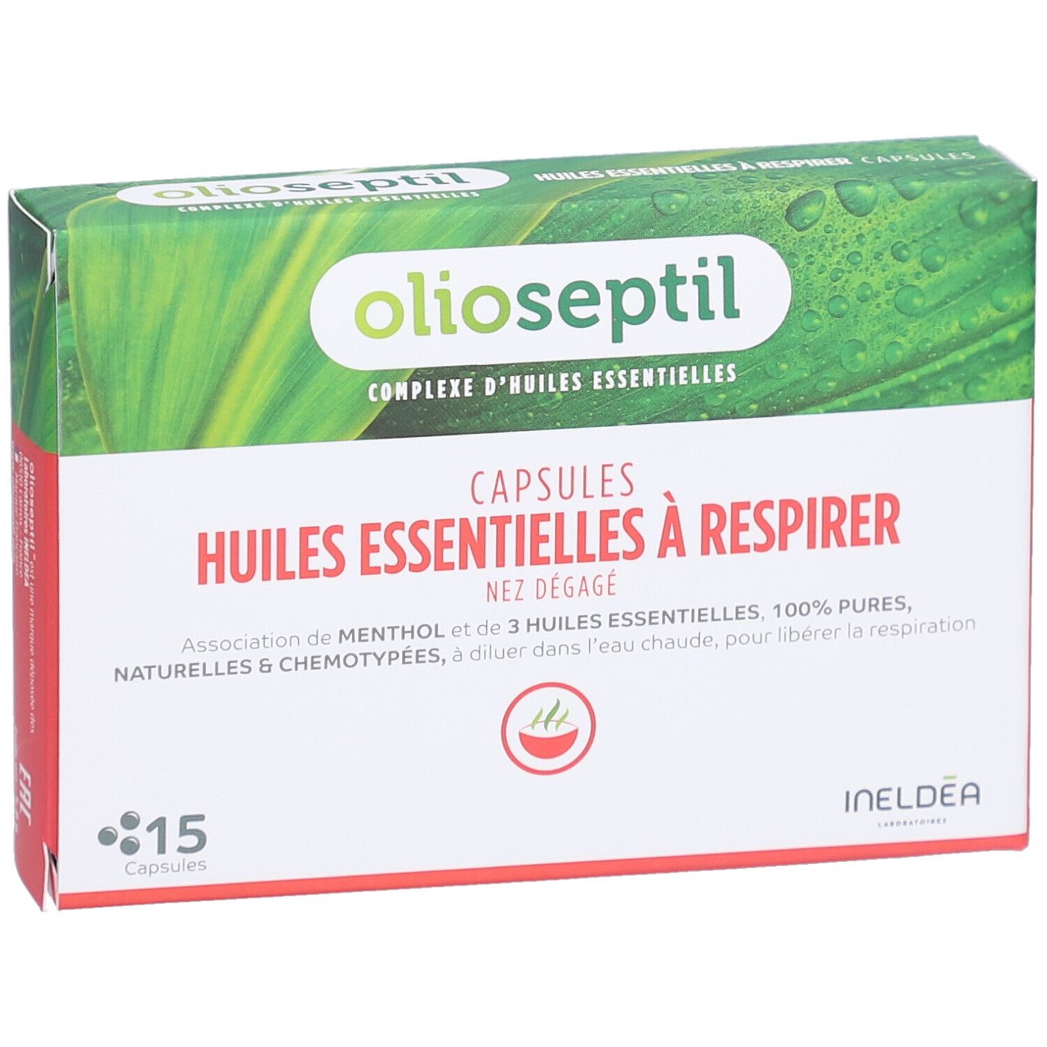 Boîte Olioseptil. Inscription: Capsules Huiles Essentielles à Respirer. 15 capsules. Boîte verte et blanche avec informations produit.