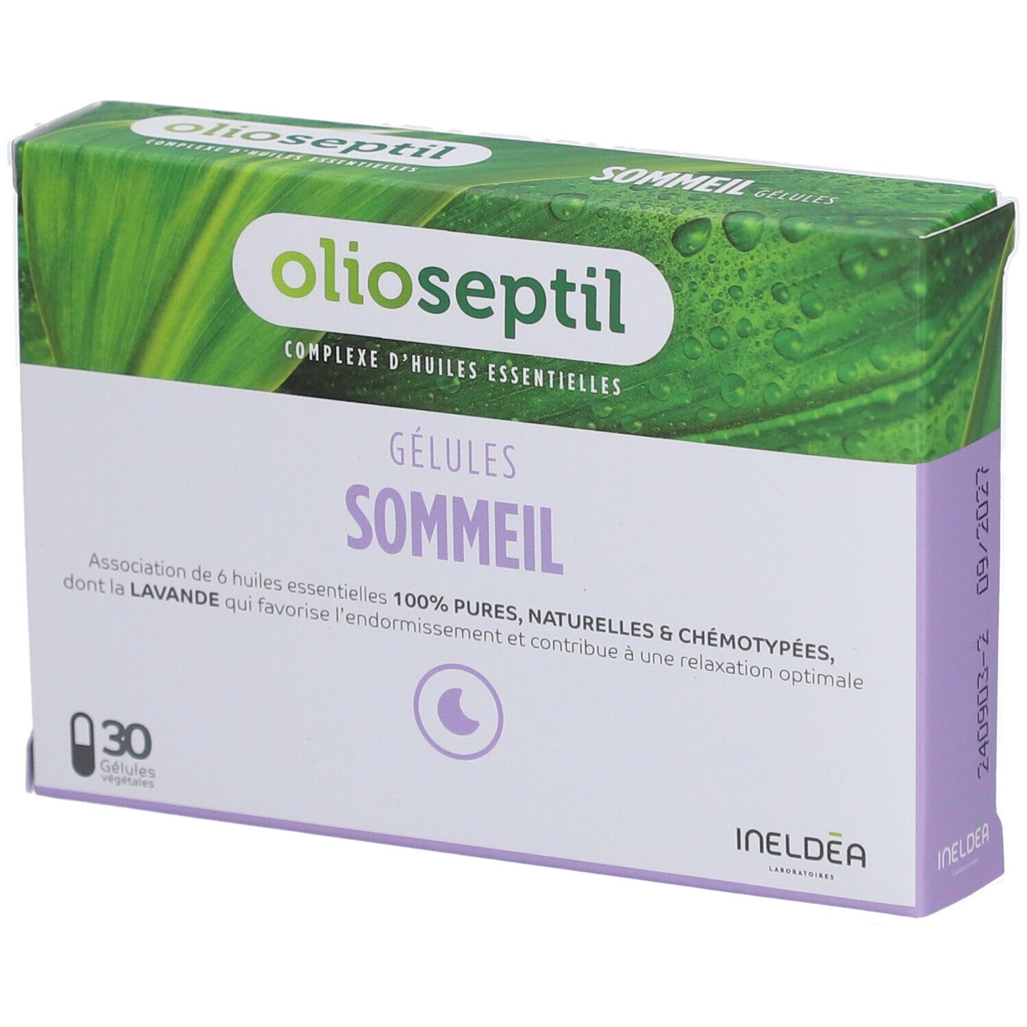 Boîte 'Olioseptil Sommeil' avec 30 gélules. Design vert et blanc, nom et logo du produit.