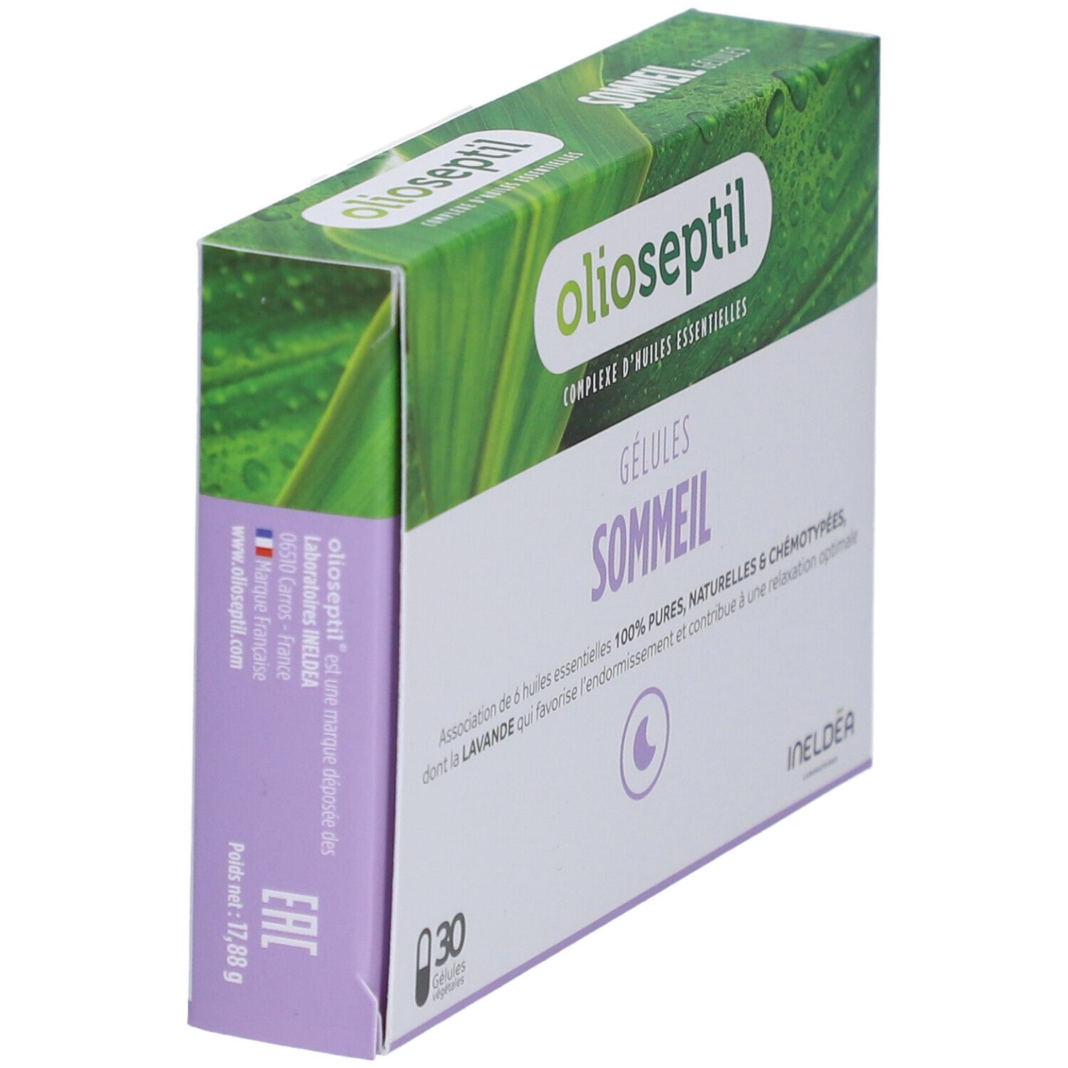 Boîte 'Olioseptil Sommeil' avec 30 gélules. Design vert et blanc, nom et logo du produit.