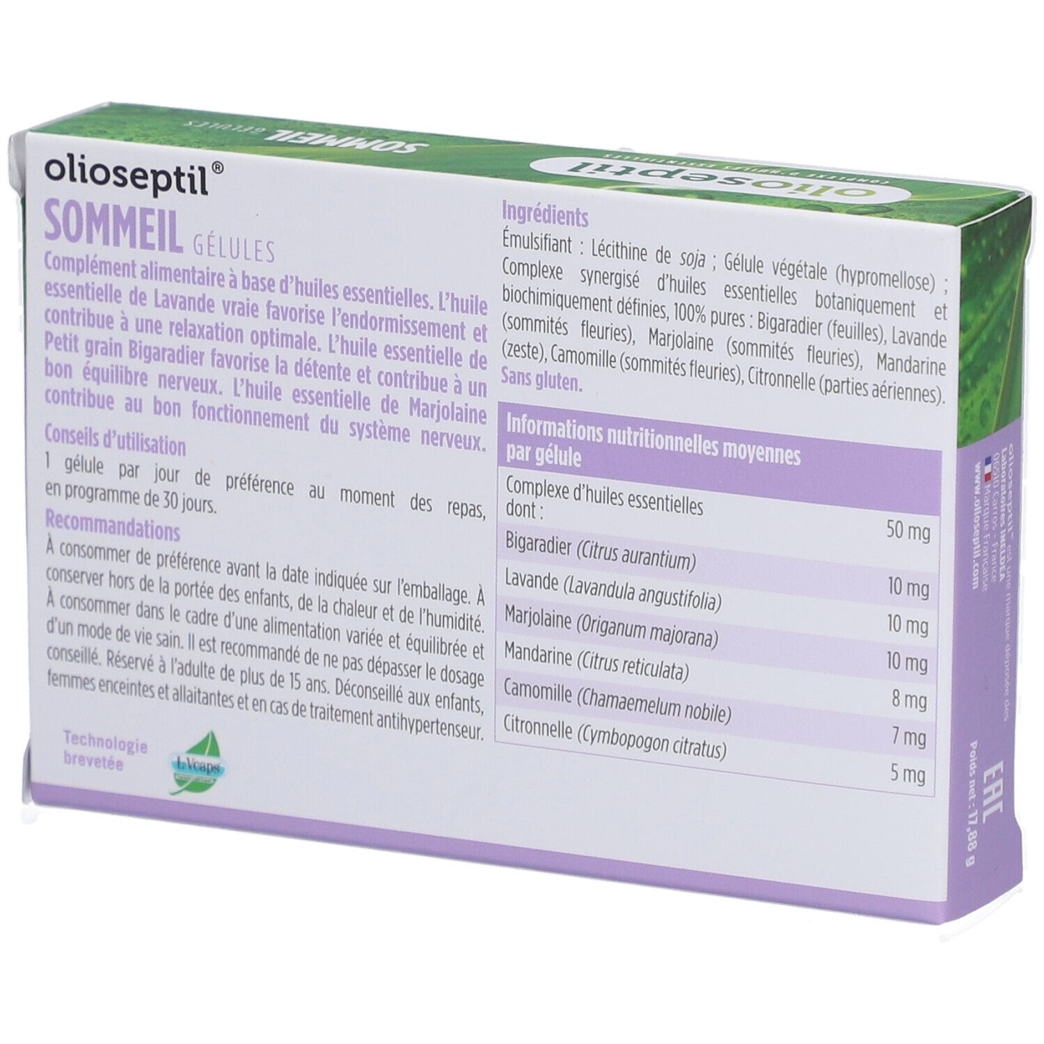 Dos de l'emballage 'Olioseptil Sommeil'. Contient des informations sur les ingrédients et les valeurs nutritionnelles.