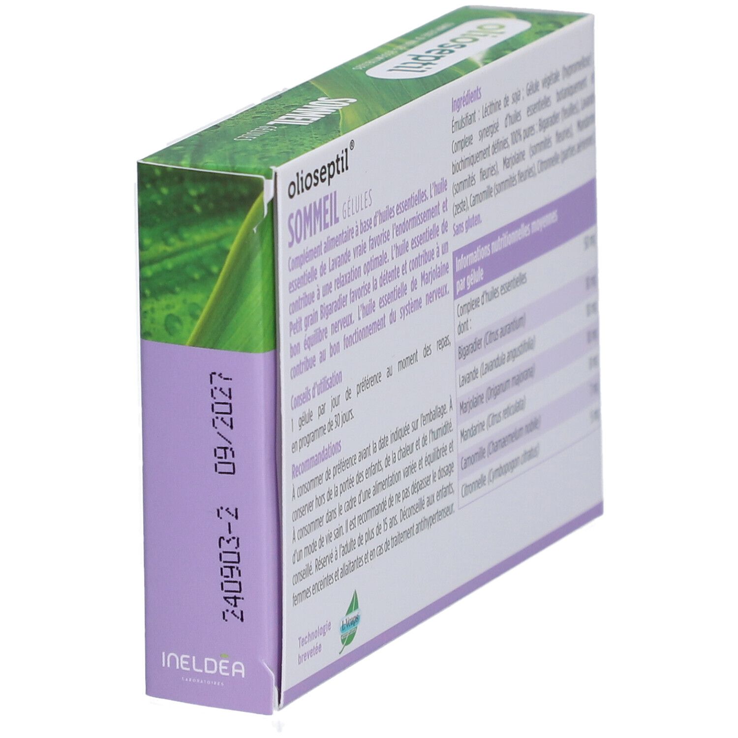 Dos de l'emballage 'Olioseptil Sommeil'. Contient des informations et la date de péremption.