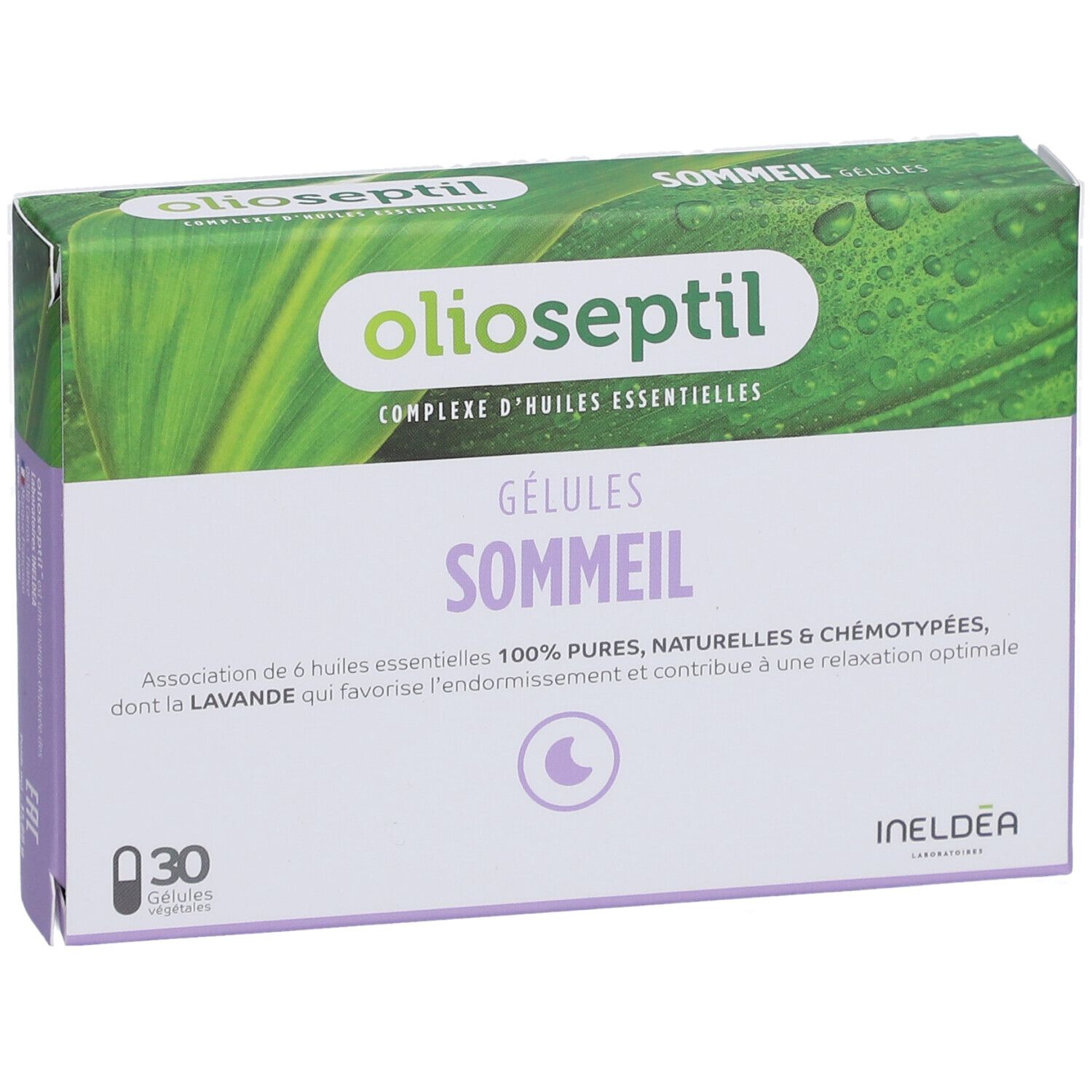 Boîte 'Olioseptil Sommeil' avec 30 gélules. Design vert et blanc, nom et logo du produit.