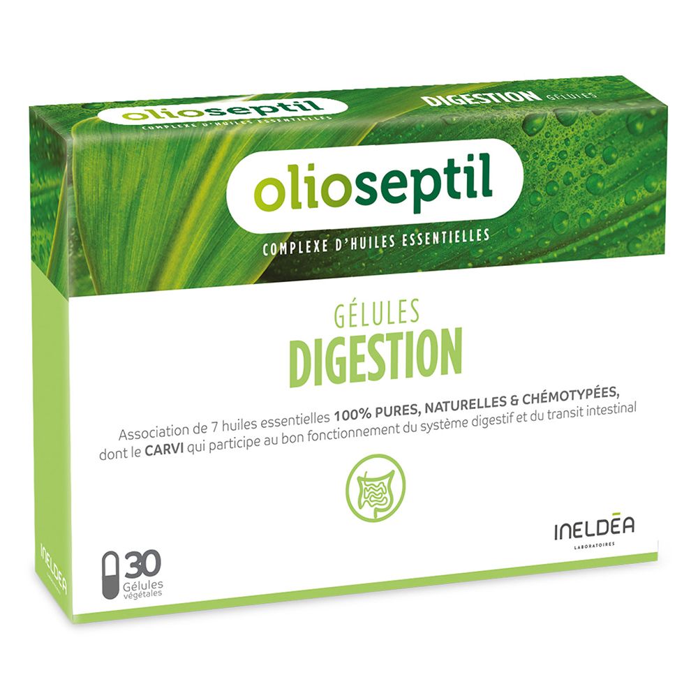 Boîte de gélules. Inscription: Olioseptil, Gélules Digestion. Contient 30 gélules. Laboratoires Ineldea.