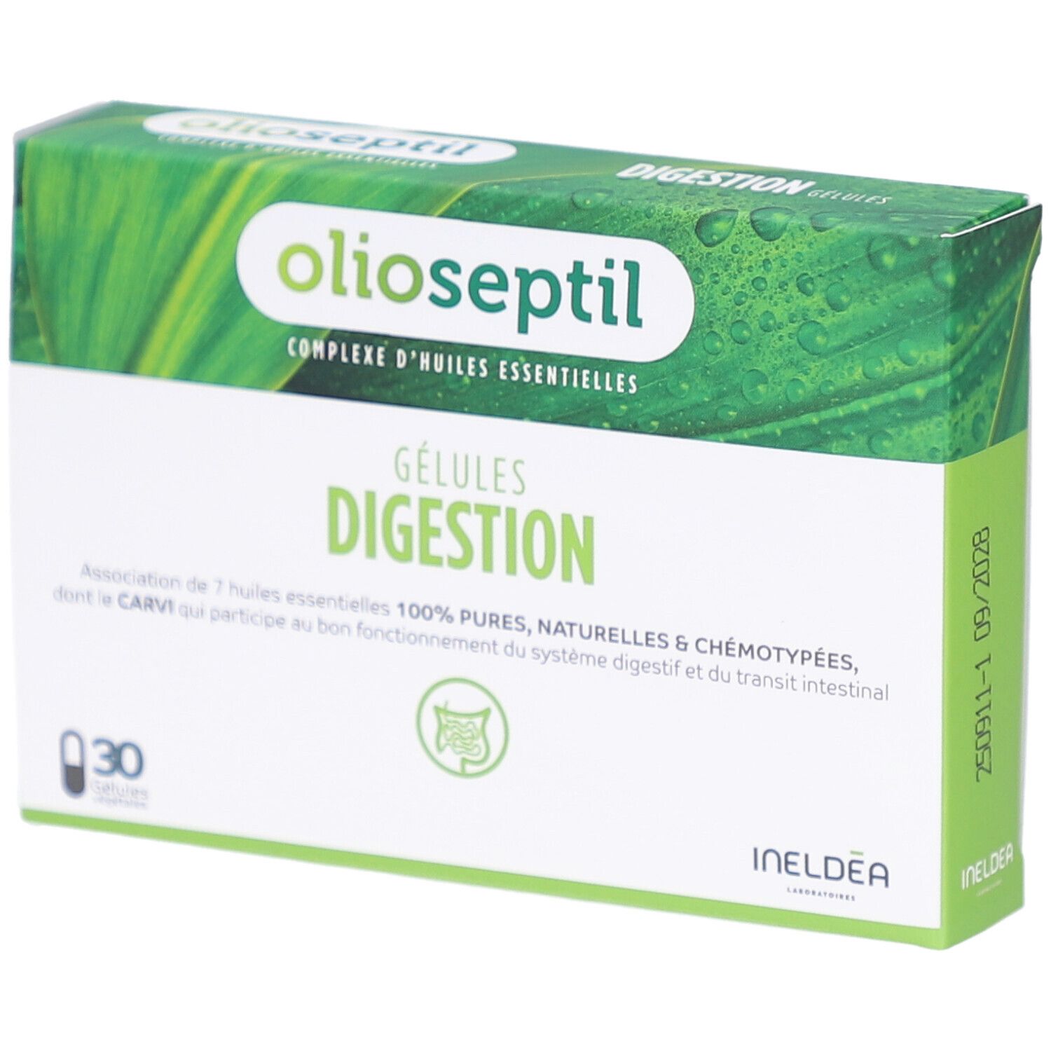 Boîte Olioseptil Digestion, vue latérale. Design vert et blanc, nom du produit et 'Gélules Digestion' visibles. 30 gélules.