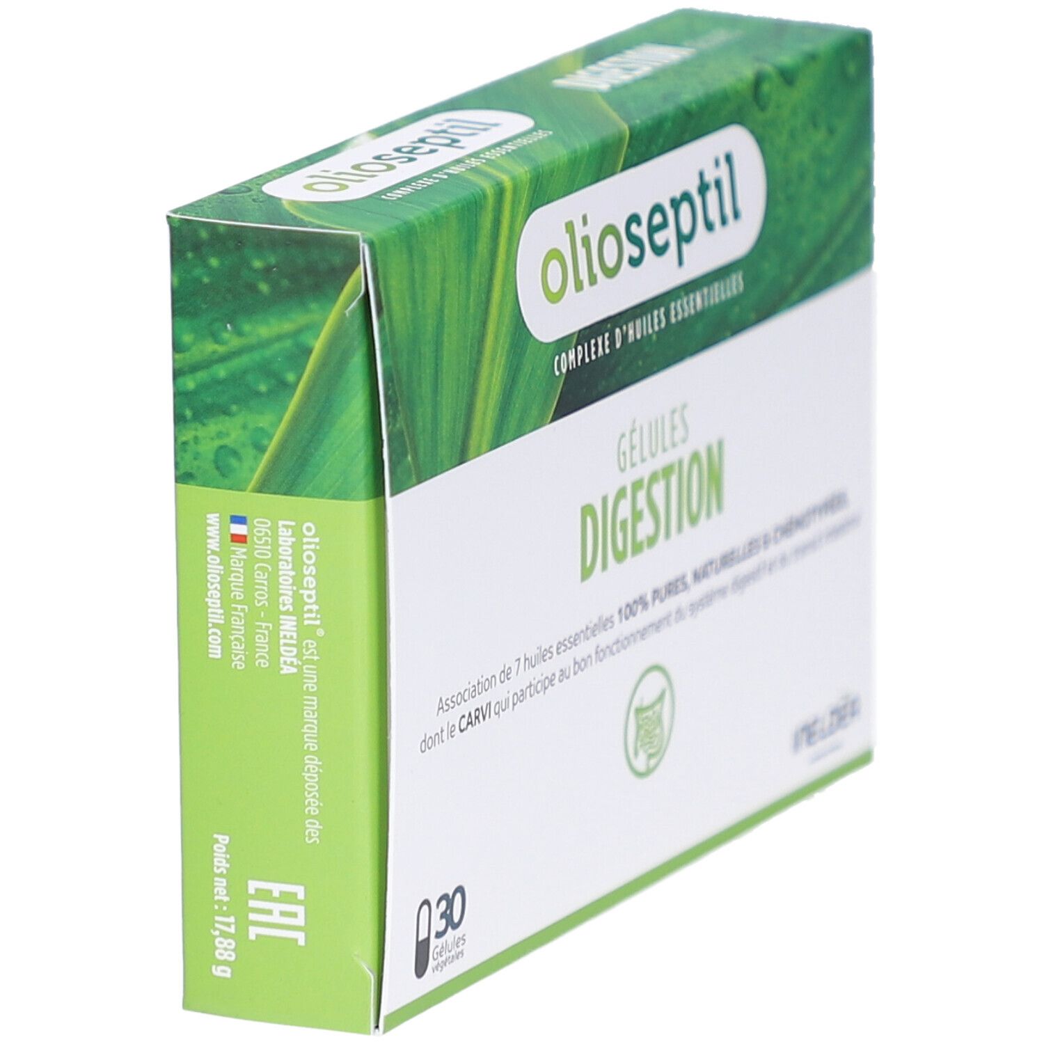 Boîte Olioseptil Digestion, vue en biais. Design vert et blanc, nom du produit et 'Gélules Digestion' visibles. 30 gélules.