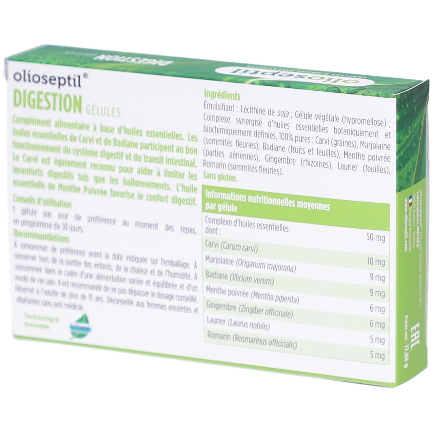 Dos de la boîte Olioseptil Digestion. Contient des informations sur les ingrédients et les valeurs nutritionnelles. Texte en français.
