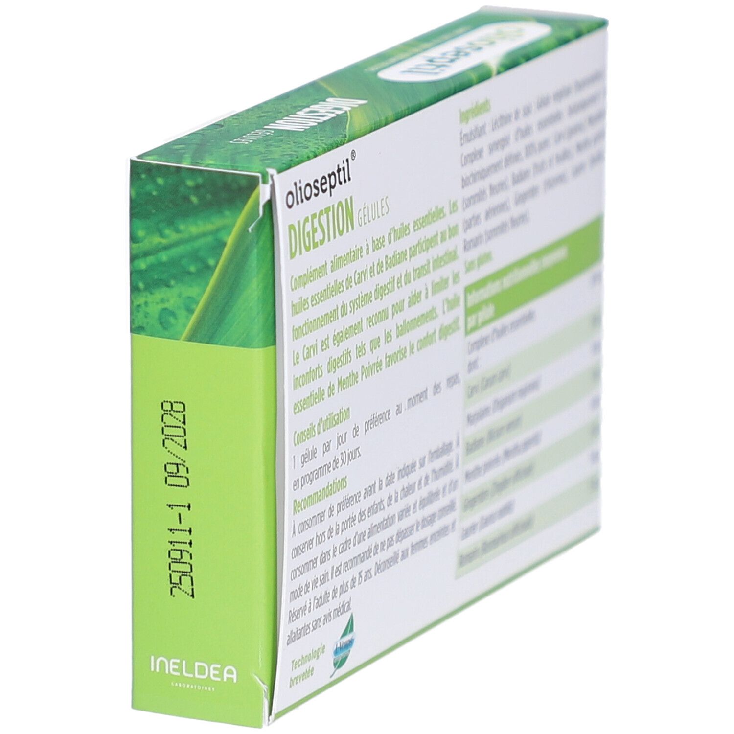 Boîte Olioseptil Digestion, vue latérale avec texte. Design vert et blanc, texte en français, date de péremption.