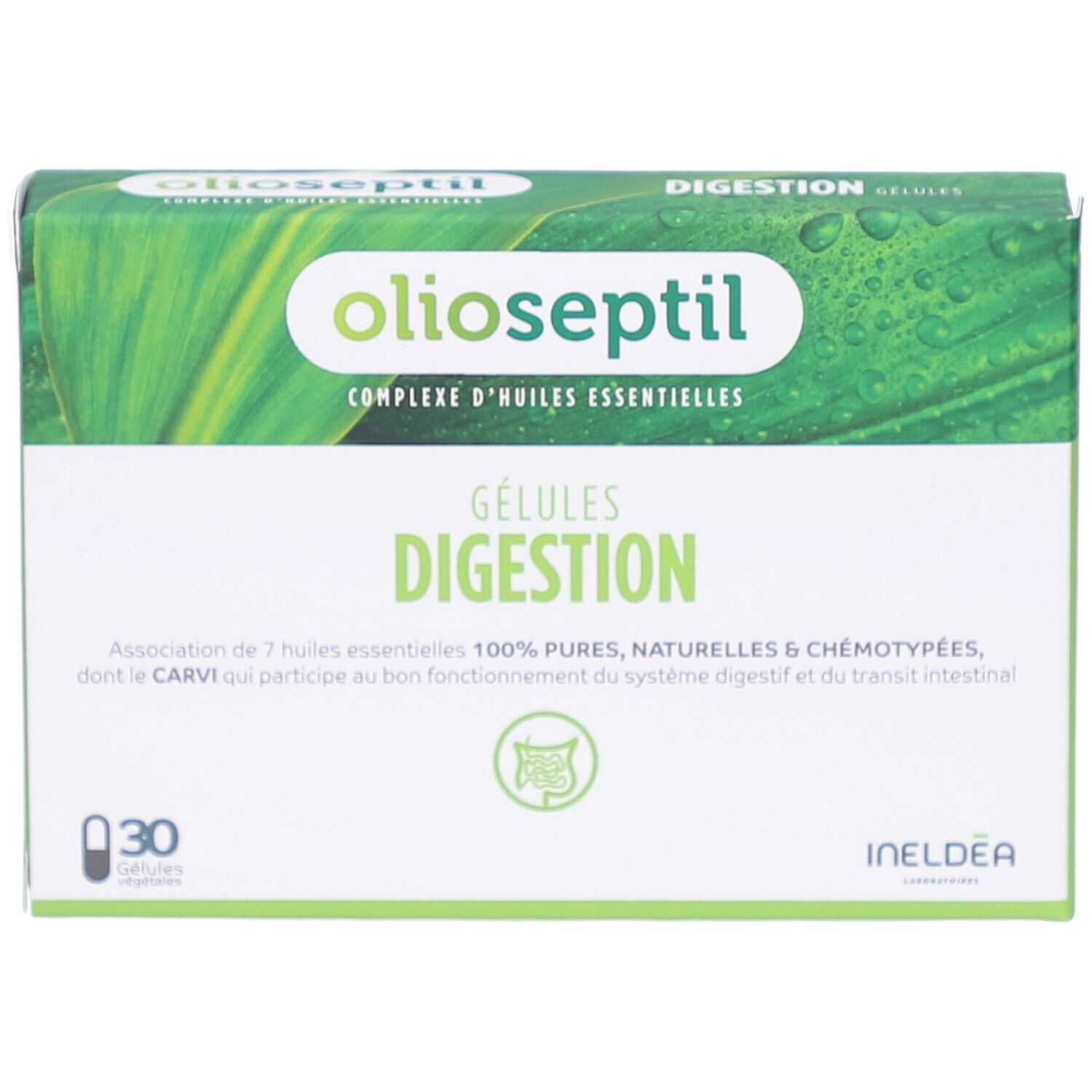 Boîte Olioseptil Digestion. Design vert et blanc, nom du produit et 'Gélules Digestion' visibles. 30 gélules.