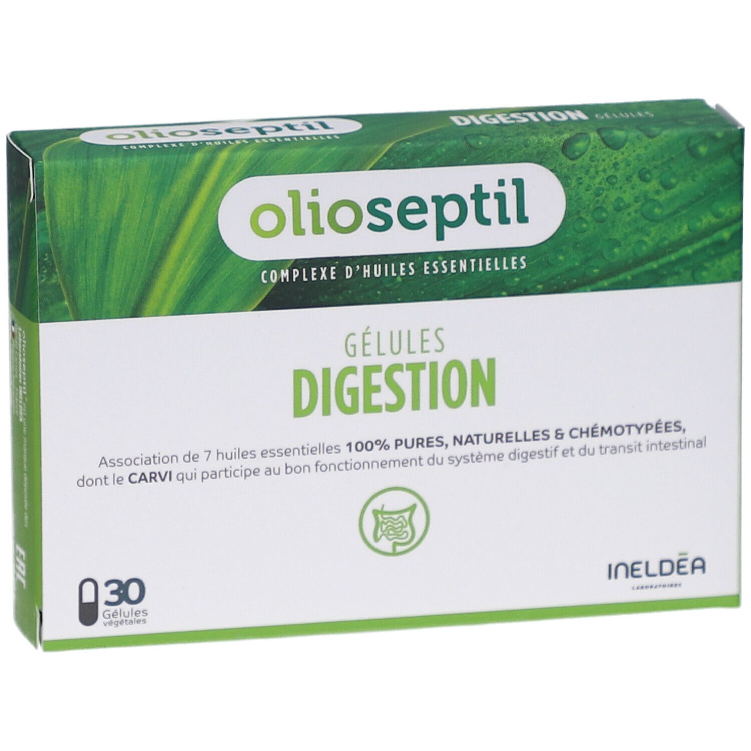 Boîte Olioseptil Digestion. Design vert et blanc, nom du produit et 'Gélules Digestion' visibles. 30 gélules.