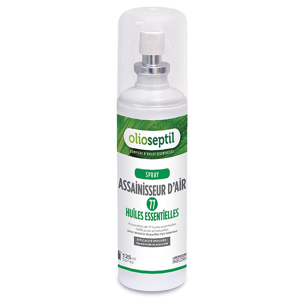 Spray blanc avec étiquette verte. Inscription: Olioseptil, Spray Assainisseur D'Air, 77 Huiles Essentielles. Capuchon transparent.