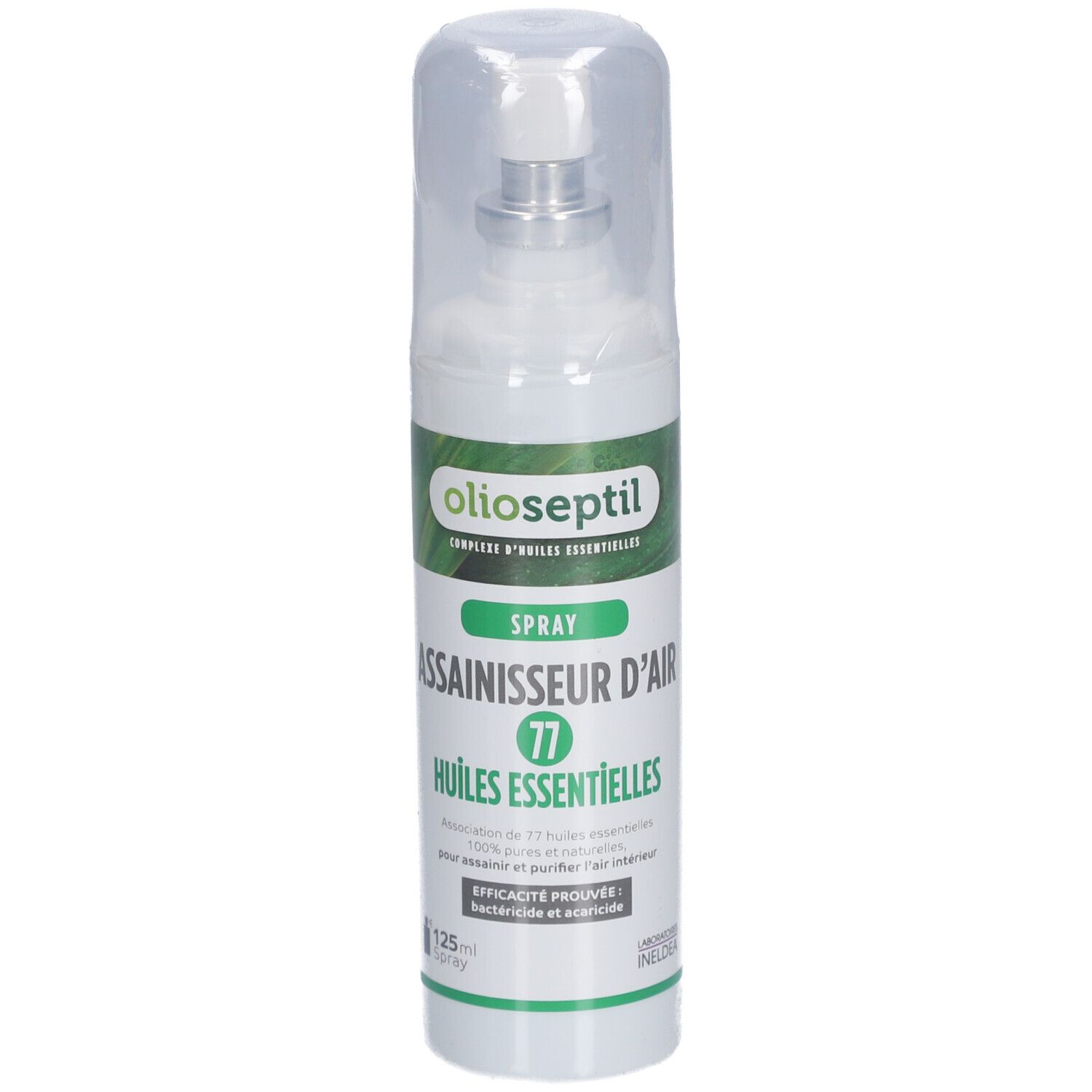 Spray blanc avec étiquette verte. Inscription: Olioseptil, Spray Assainisseur D'Air, 77 Huiles Essentielles. Capuchon transparent.