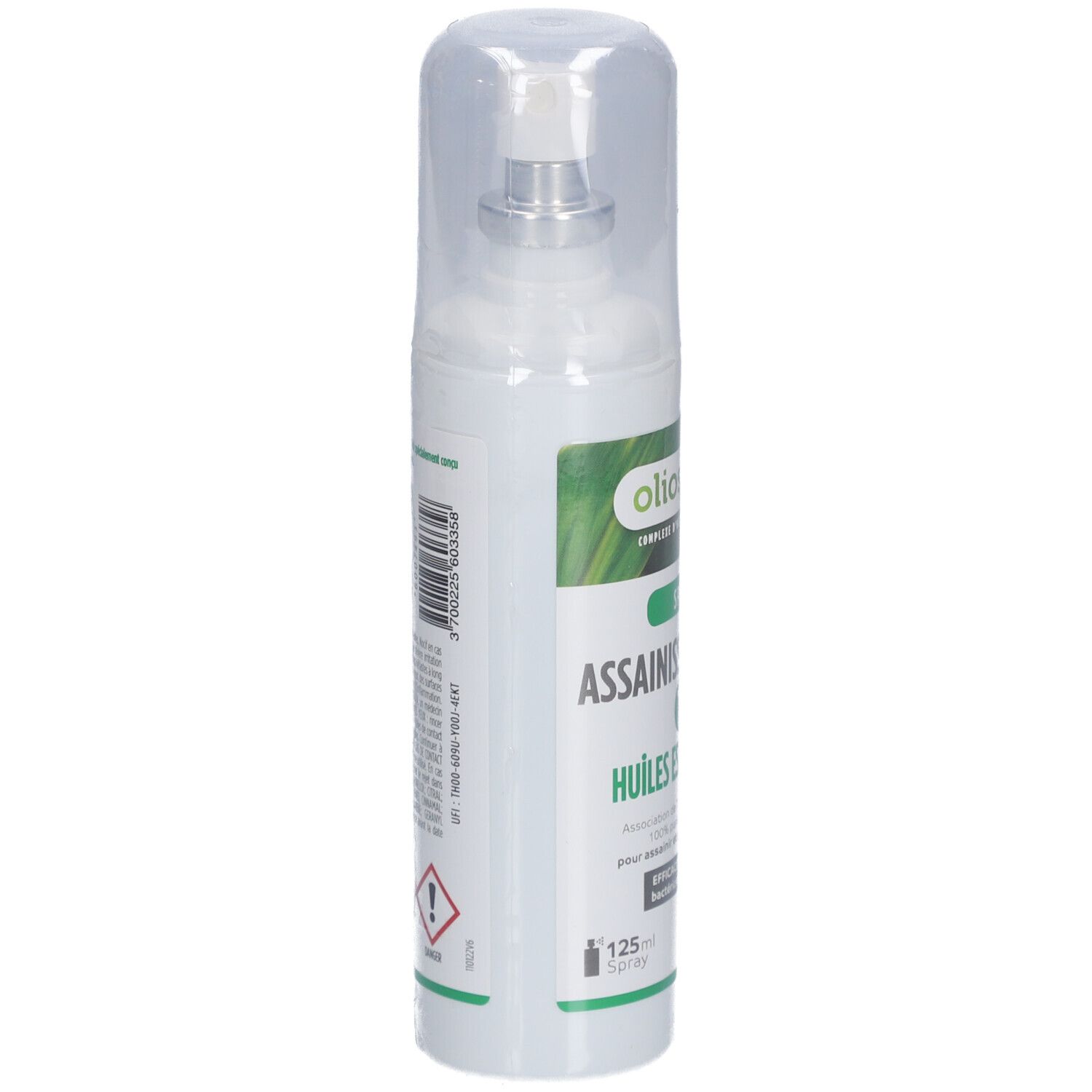 Spray blanc avec étiquette verte. Inscription: Olioseptil, Spray Assainisseur D'Air, 77 Huiles Essentielles. Capuchon transparent.
