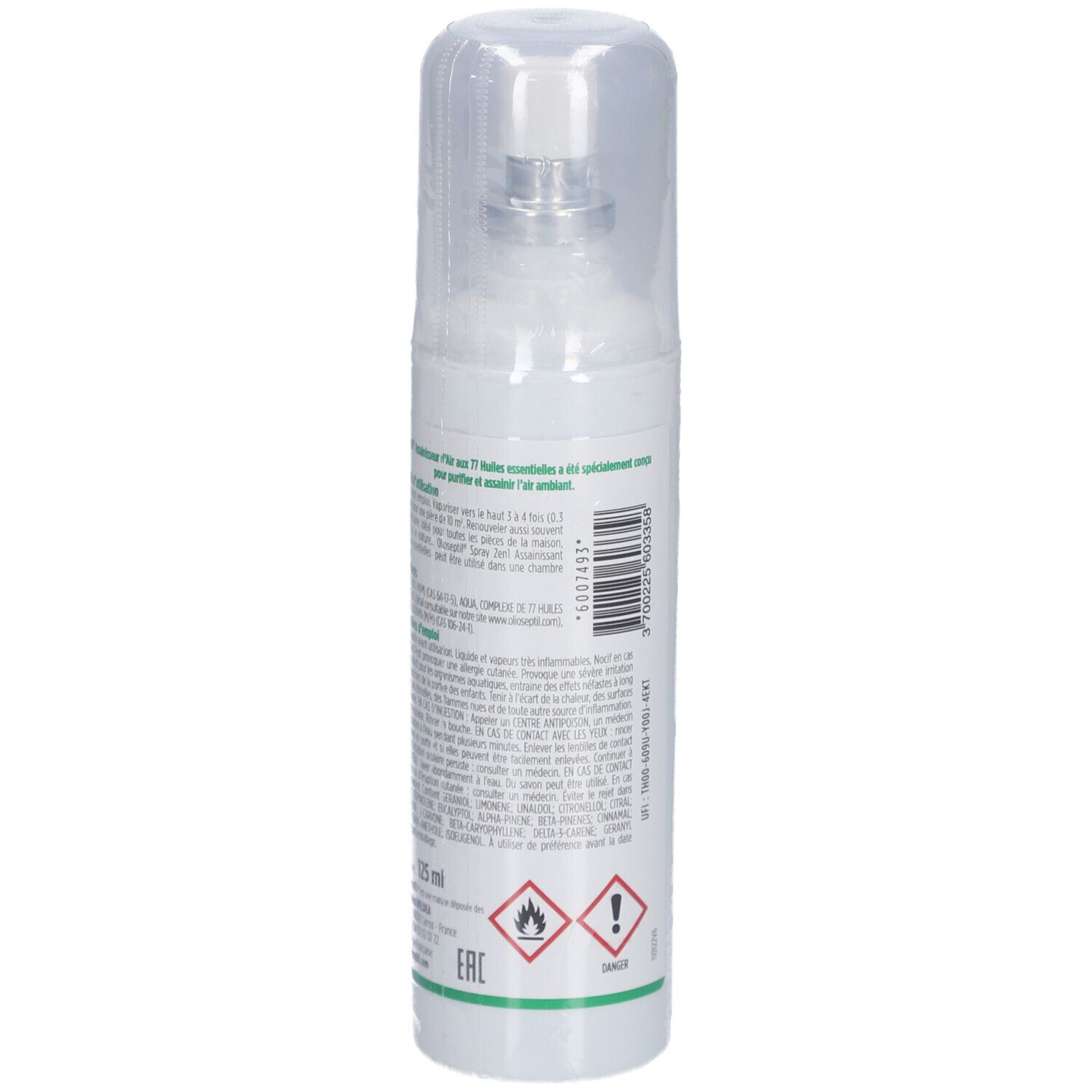 Spray blanc avec étiquette verte. Inscription: Olioseptil, Spray Assainisseur D'Air, 77 Huiles Essentielles. Capuchon transparent.