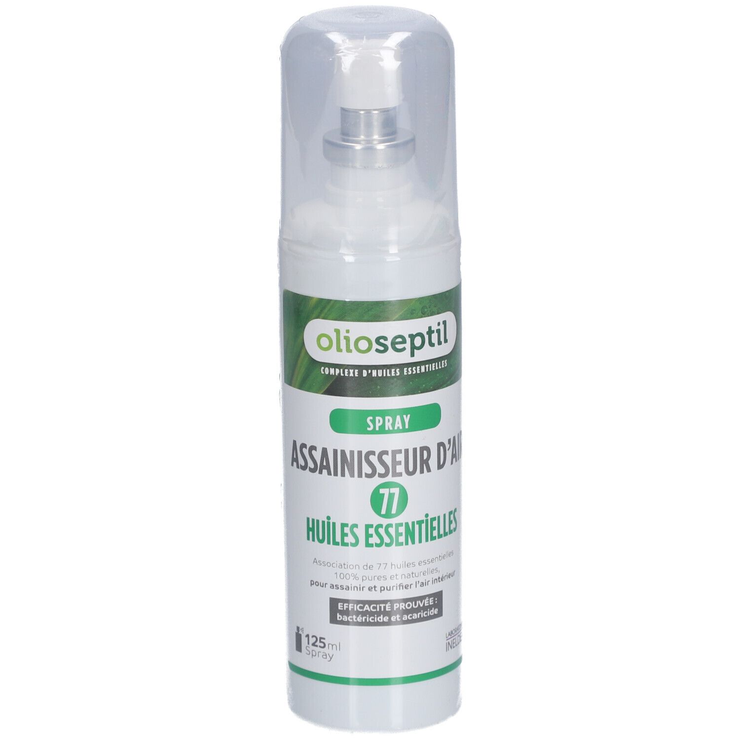 Spray blanc avec étiquette verte. Inscription: Olioseptil, Spray Assainisseur D'Air, 77 Huiles Essentielles. Capuchon transparent.
