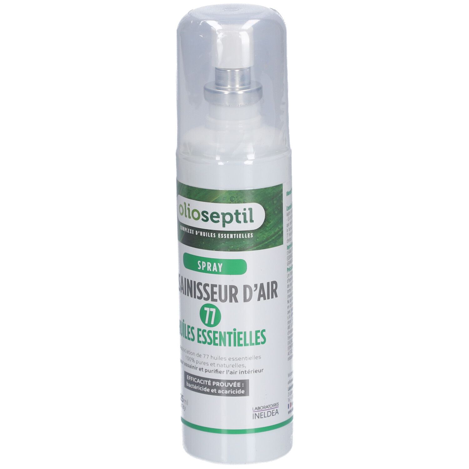 Spray blanc avec étiquette verte. Inscription: Olioseptil, Spray Assainisseur D'Air, 77 Huiles Essentielles. Capuchon transparent.