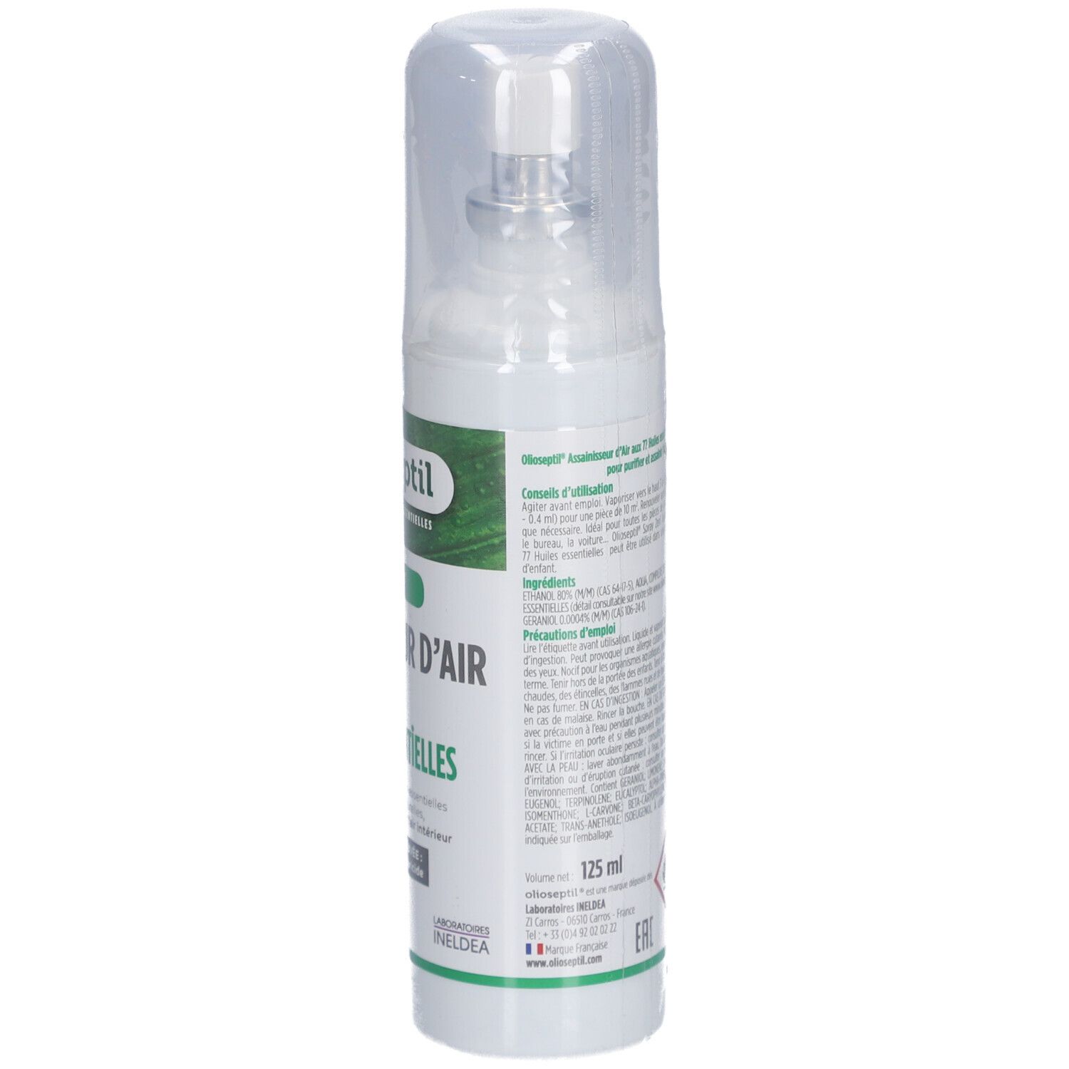 Spray blanc avec étiquette verte. Inscription: Olioseptil, Spray Assainisseur D'Air, 77 Huiles Essentielles. Capuchon transparent.