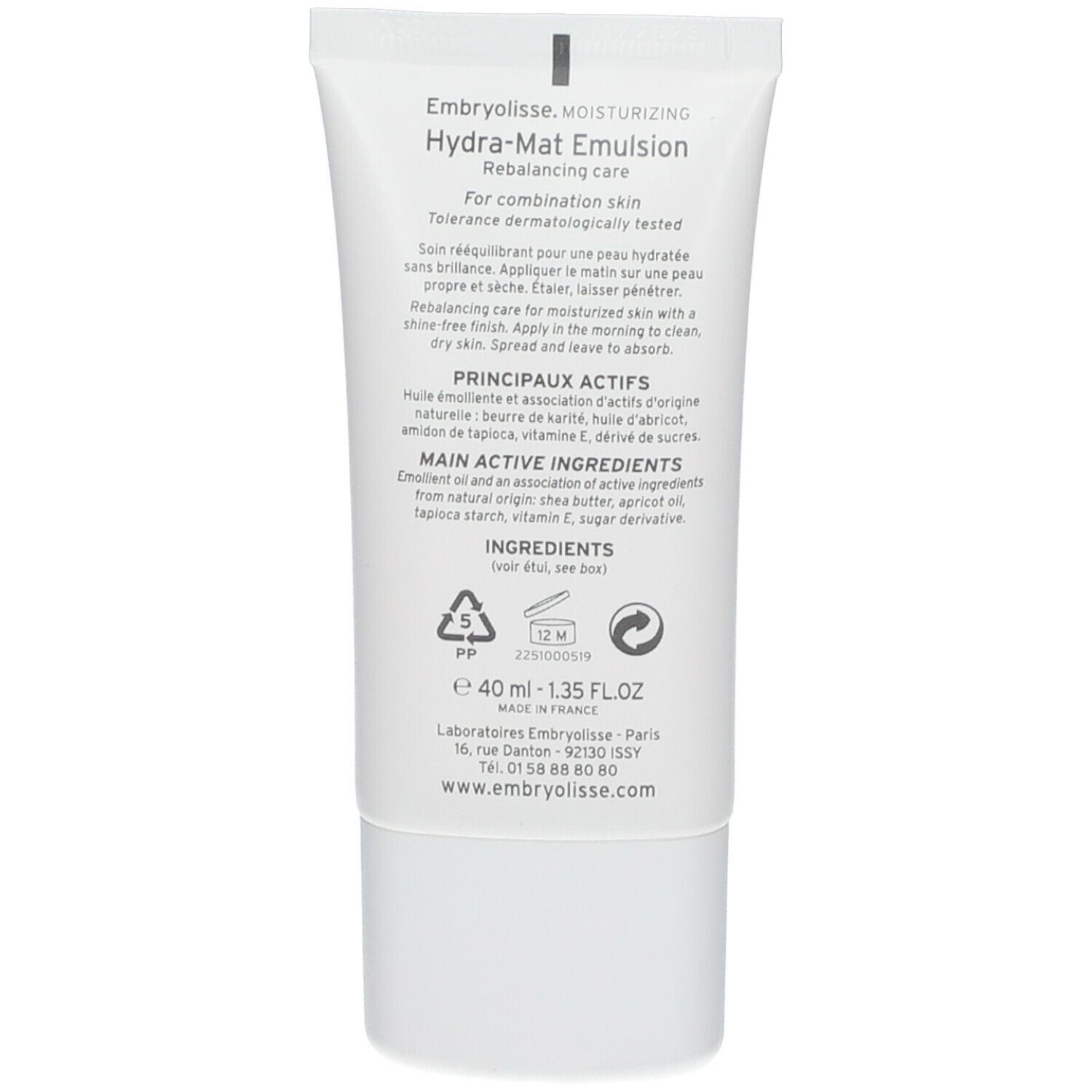 Dos du tube. Contient des informations sur les ingrédients et l'utilisation. Marque Embryolisse, Hydra-Mat Emulsion.
